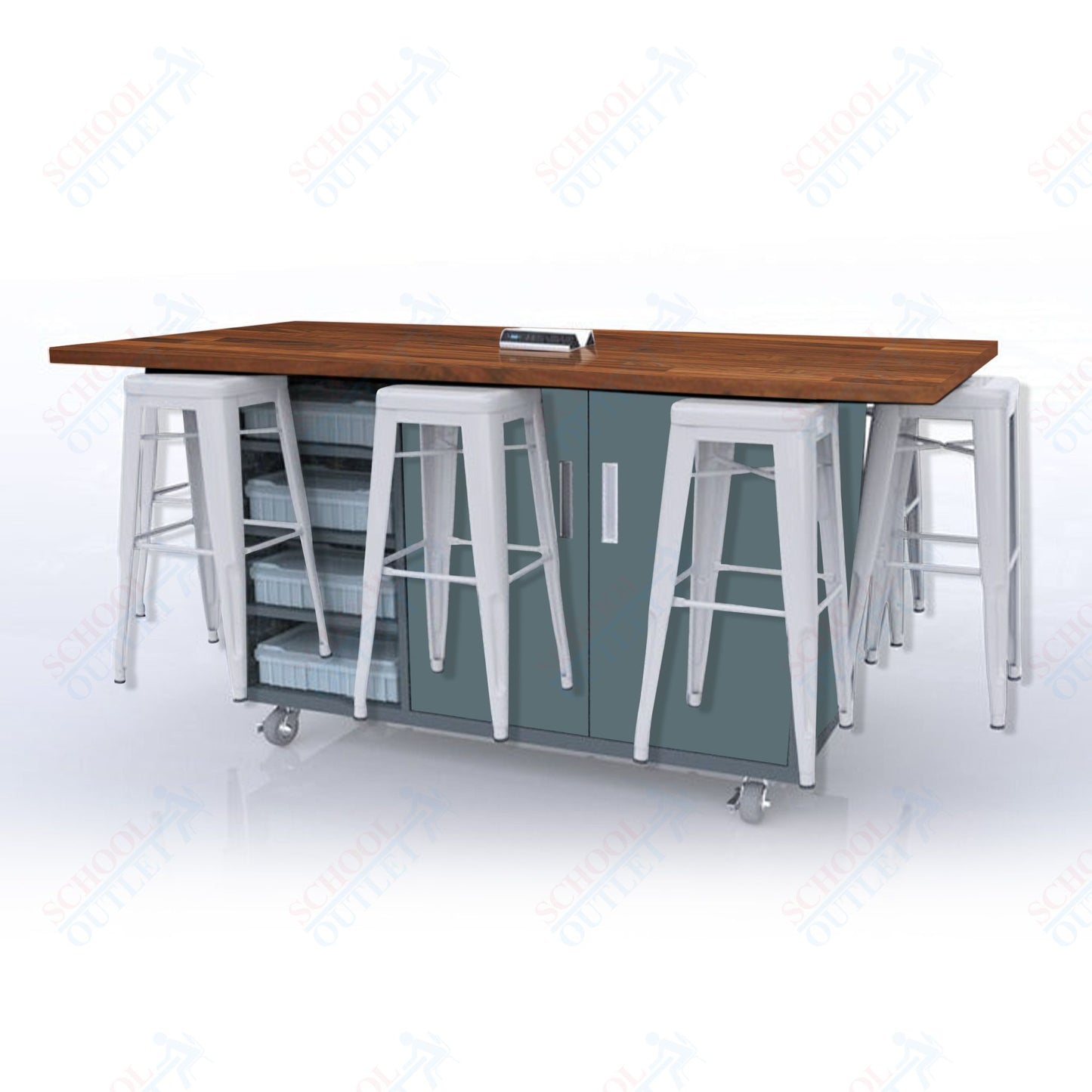 CEF ED8 Table 42"H Butcher Block Top, Laminate Base with 8 Stools, Storage bins, and Electrical Outlets Included.