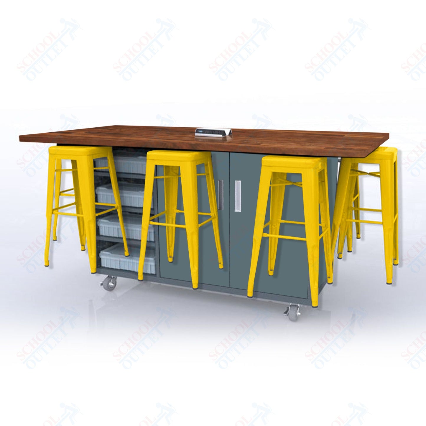 CEF ED8 Table 42"H Butcher Block Top, Laminate Base with 8 Stools, Storage bins, and Electrical Outlets Included.