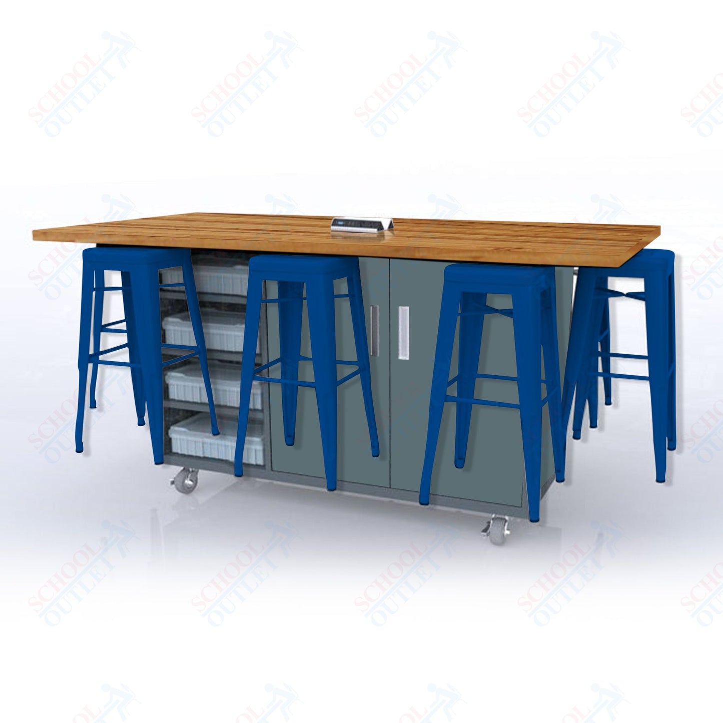 CEF ED8 Table 42"H Butcher Block Top, Laminate Base with 8 Stools, Storage bins, and Electrical Outlets Included.