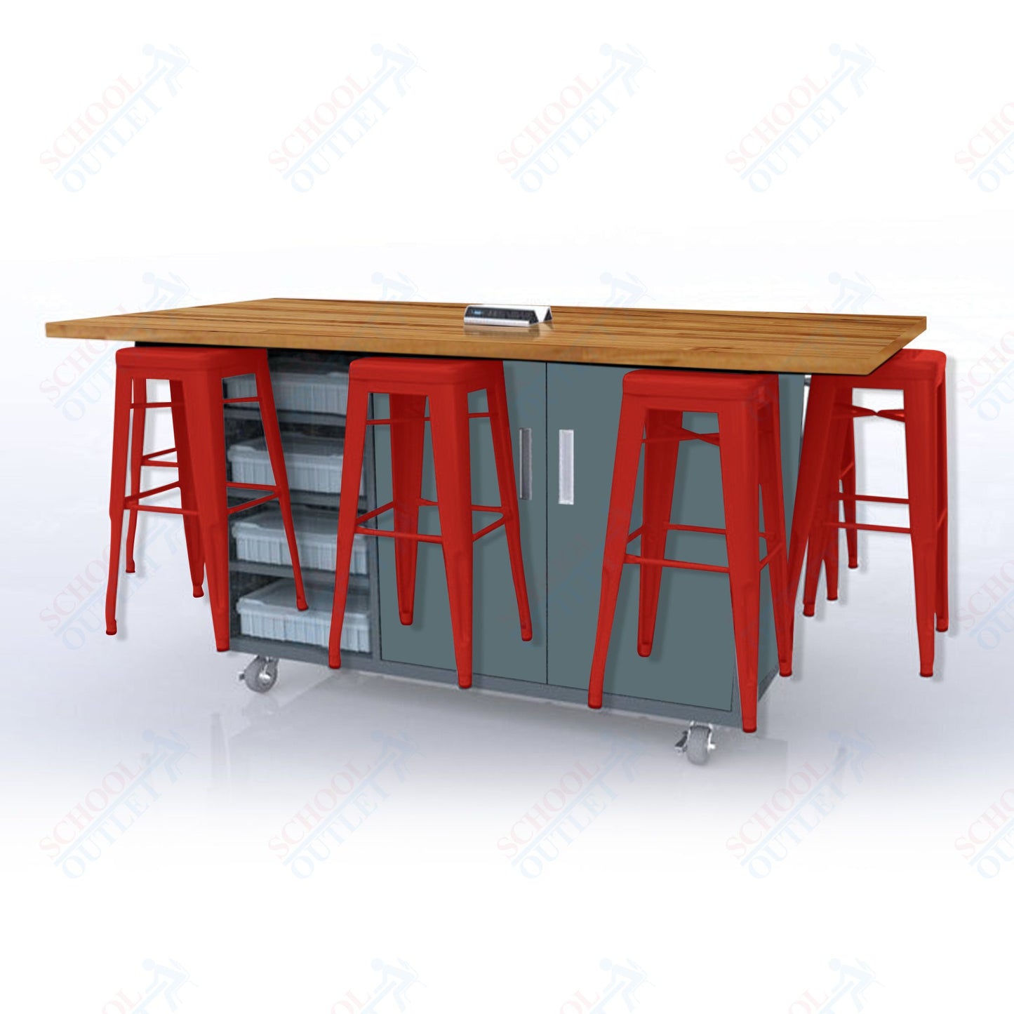 CEF ED8 Table 42"H Butcher Block Top, Laminate Base with 8 Stools, Storage bins, and Electrical Outlets Included.