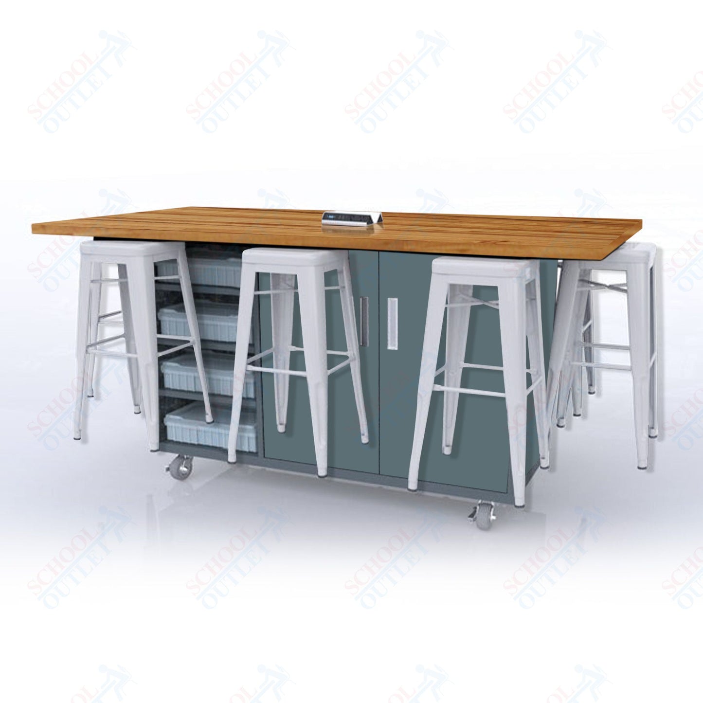 CEF ED8 Table 42"H Butcher Block Top, Laminate Base with 8 Stools, Storage bins, and Electrical Outlets Included.