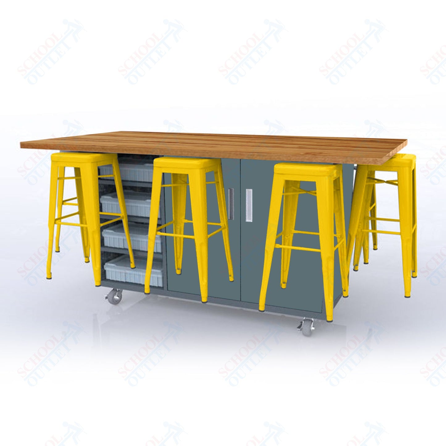 CEF ED8 Table 42"H Butcher Block Top, Laminate Base with 8 Stools, Storage bins, and Electrical Outlets Included.