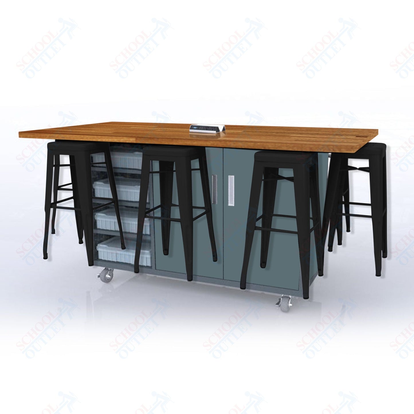 CEF ED8 Table 42"H Butcher Block Top, Laminate Base with 8 Stools, Storage bins, and Electrical Outlets Included.