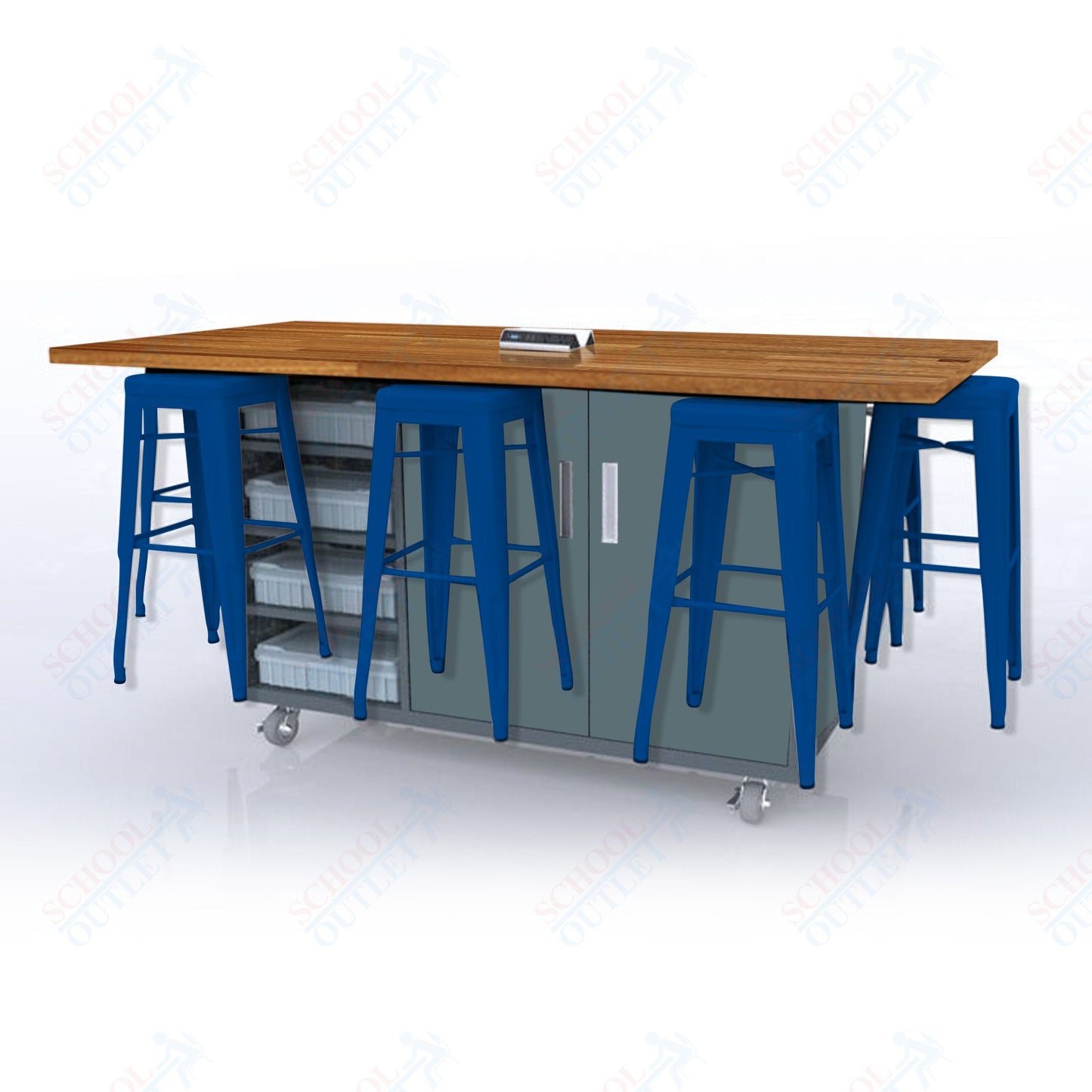 CEF ED8 Table 42"H Butcher Block Top, Laminate Base with 8 Stools, Storage bins, and Electrical Outlets Included.