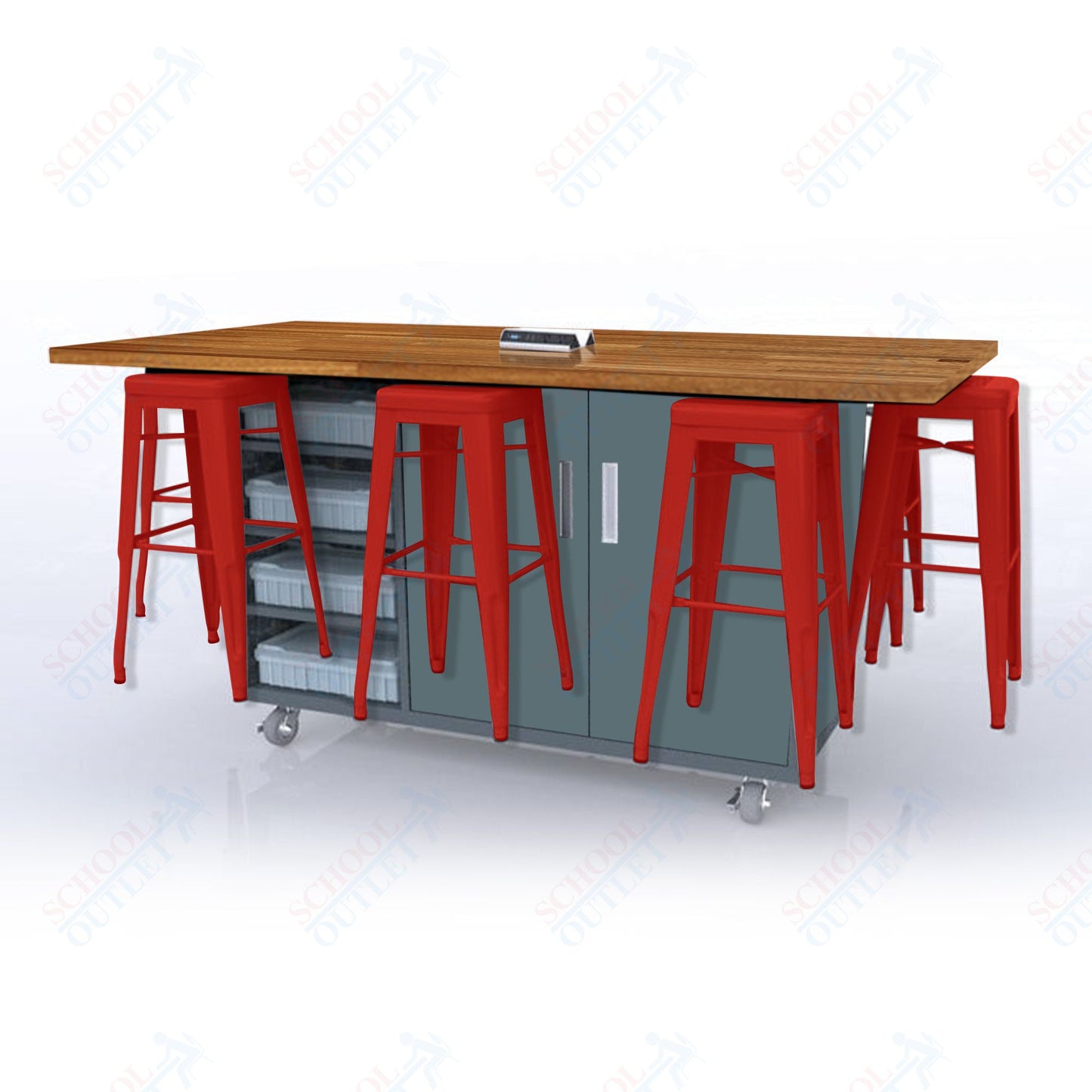 CEF ED8 Table 42"H Butcher Block Top, Laminate Base with 8 Stools, Storage bins, and Electrical Outlets Included.