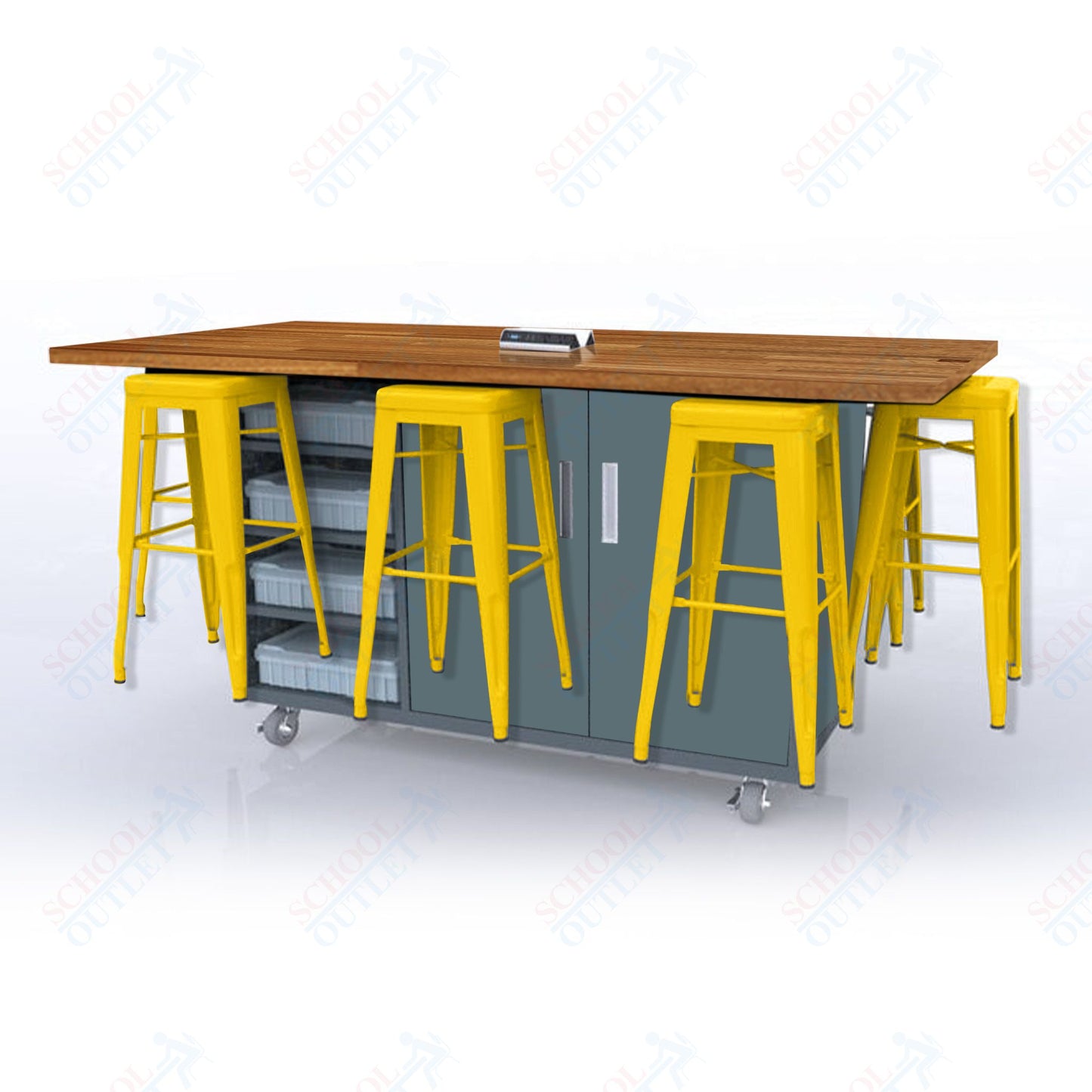 CEF ED8 Table 42"H Butcher Block Top, Laminate Base with 8 Stools, Storage bins, and Electrical Outlets Included.