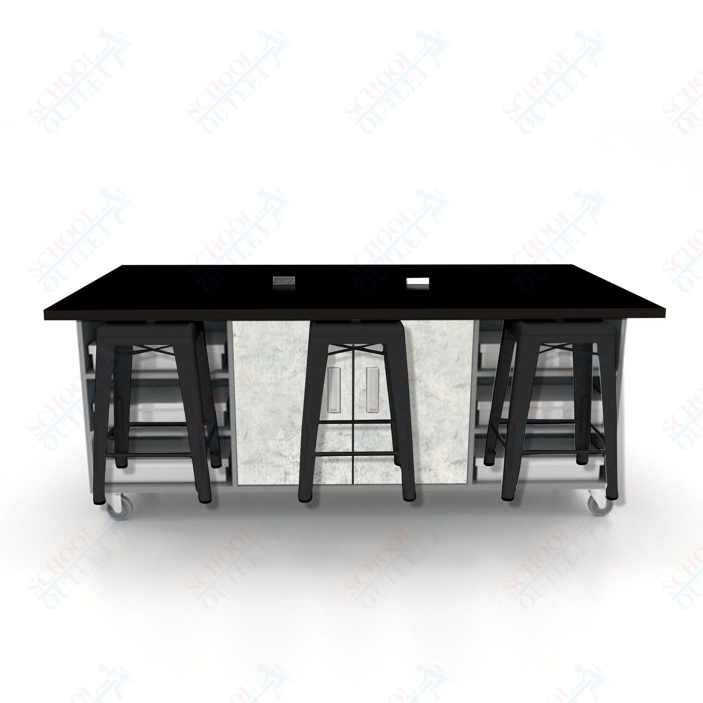 CEF ED Double Table 36"H High Pressure Laminate Top, Laminate Base with 6 Stools, Storage bins, and Electrical Outlets Included.