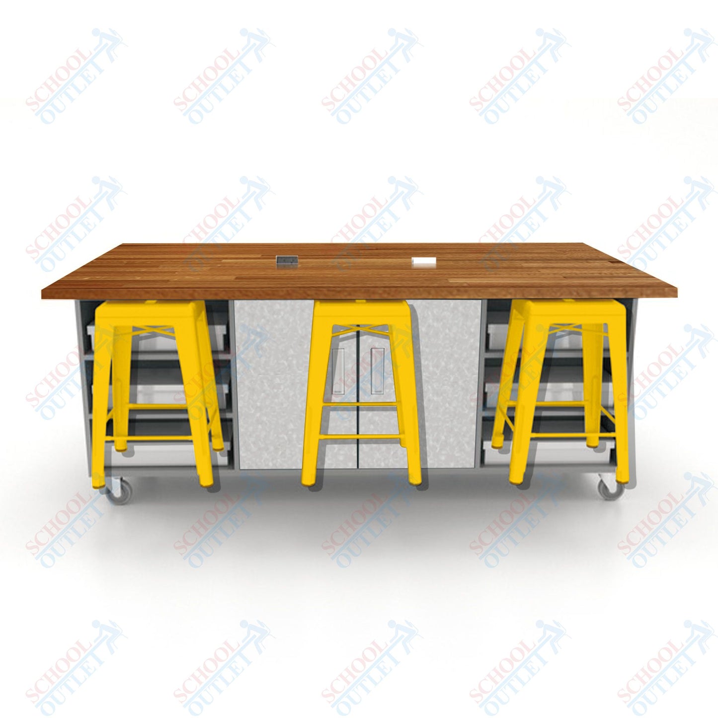 CEF ED Double Table 36"H Butcher Block Top, Laminate Base with  6 Stools, Storage bins, and Electrical Outlets Included.