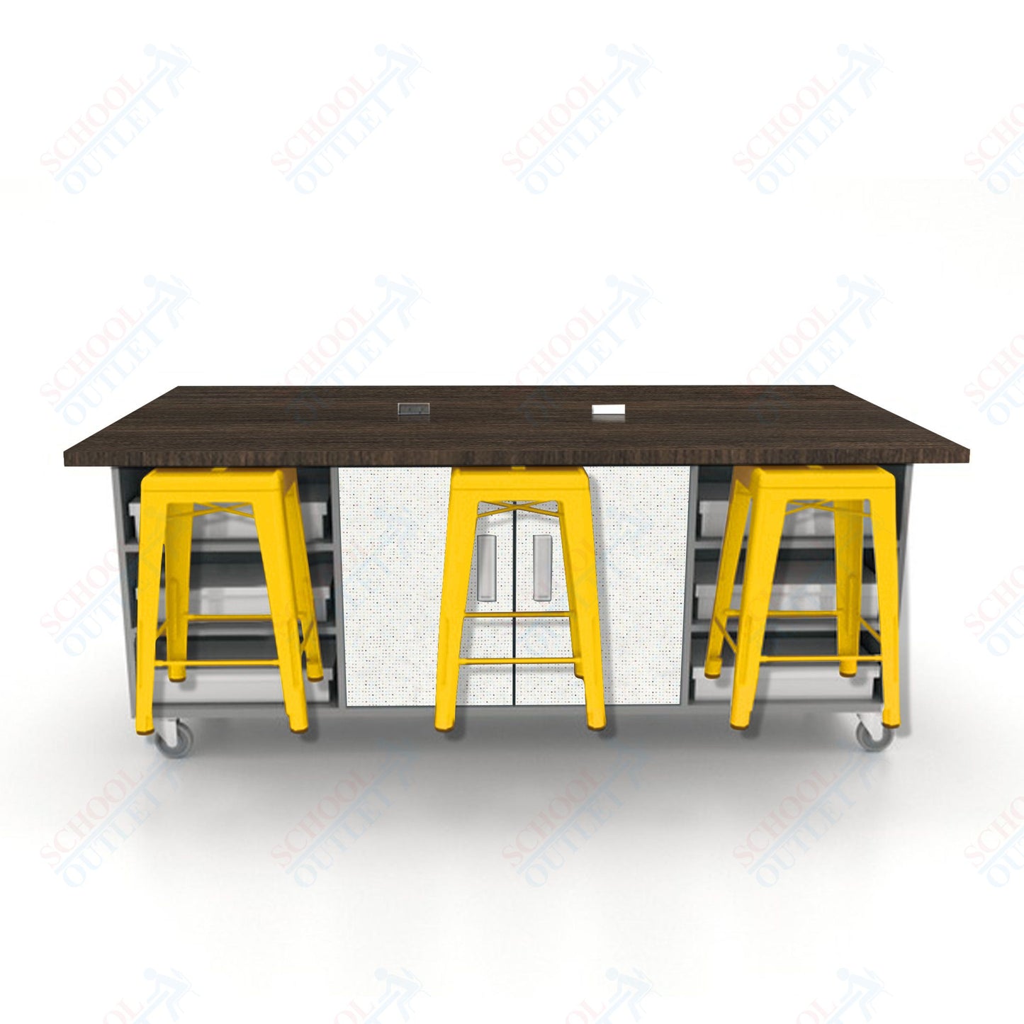 CEF ED Double Table 36"H High Pressure Laminate Top, Laminate Base with 6 Stools, Storage bins, and Electrical Outlets Included.