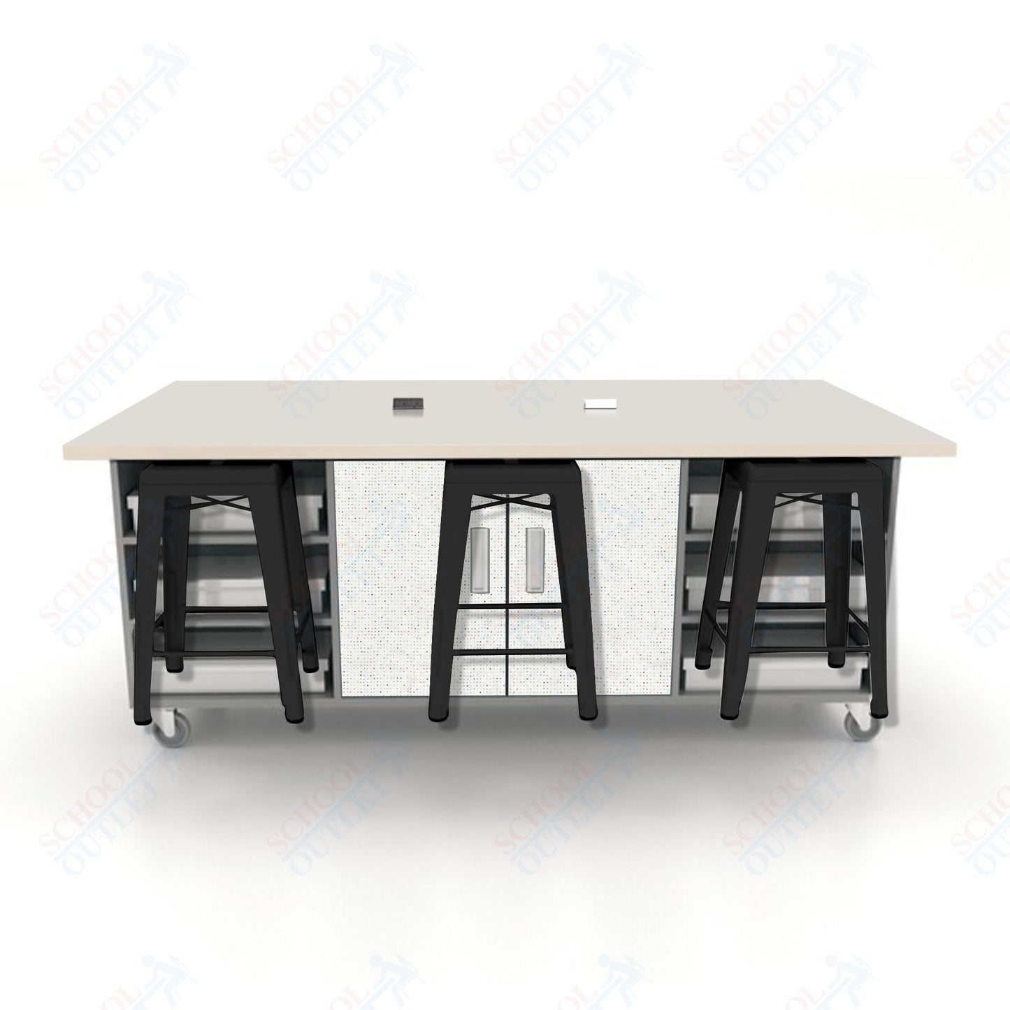 CEF ED Double Table 36"H High Pressure Laminate Top, Laminate Base with 6 Stools, Storage bins, and Electrical Outlets Included.