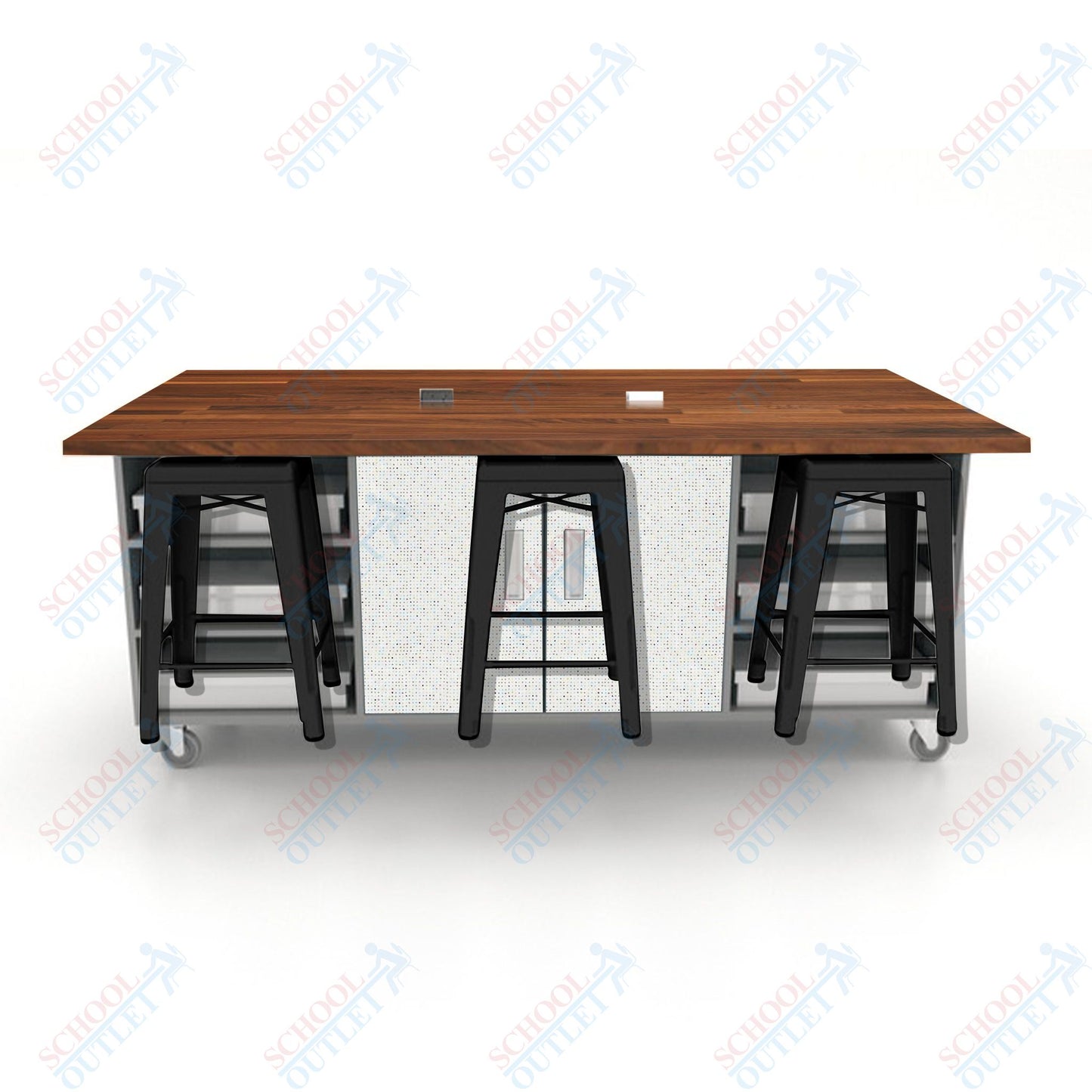 CEF ED Double Table 36"H Butcher Block Top, Laminate Base with  6 Stools, Storage bins, and Electrical Outlets Included.