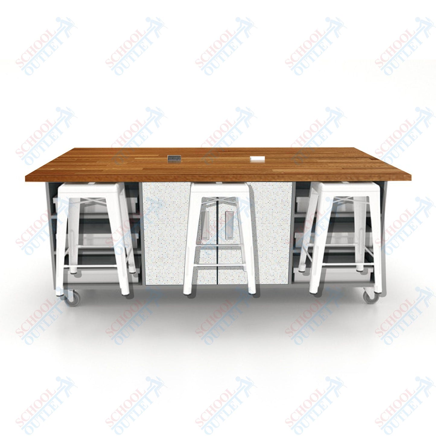 CEF ED Double Table 36"H Butcher Block Top, Laminate Base with  6 Stools, Storage bins, and Electrical Outlets Included.
