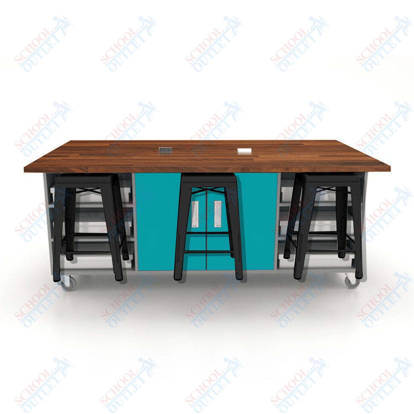 CEF ED Double Table 36"H Butcher Block Top, Laminate Base with  6 Stools, Storage bins, and Electrical Outlets Included.
