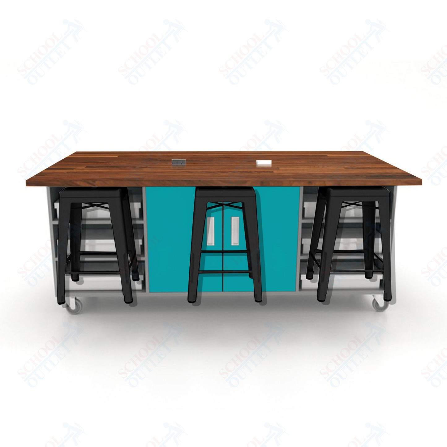 CEF ED Double Table 36"H Butcher Block Top, Laminate Base with  6 Stools, Storage bins, and Electrical Outlets Included.