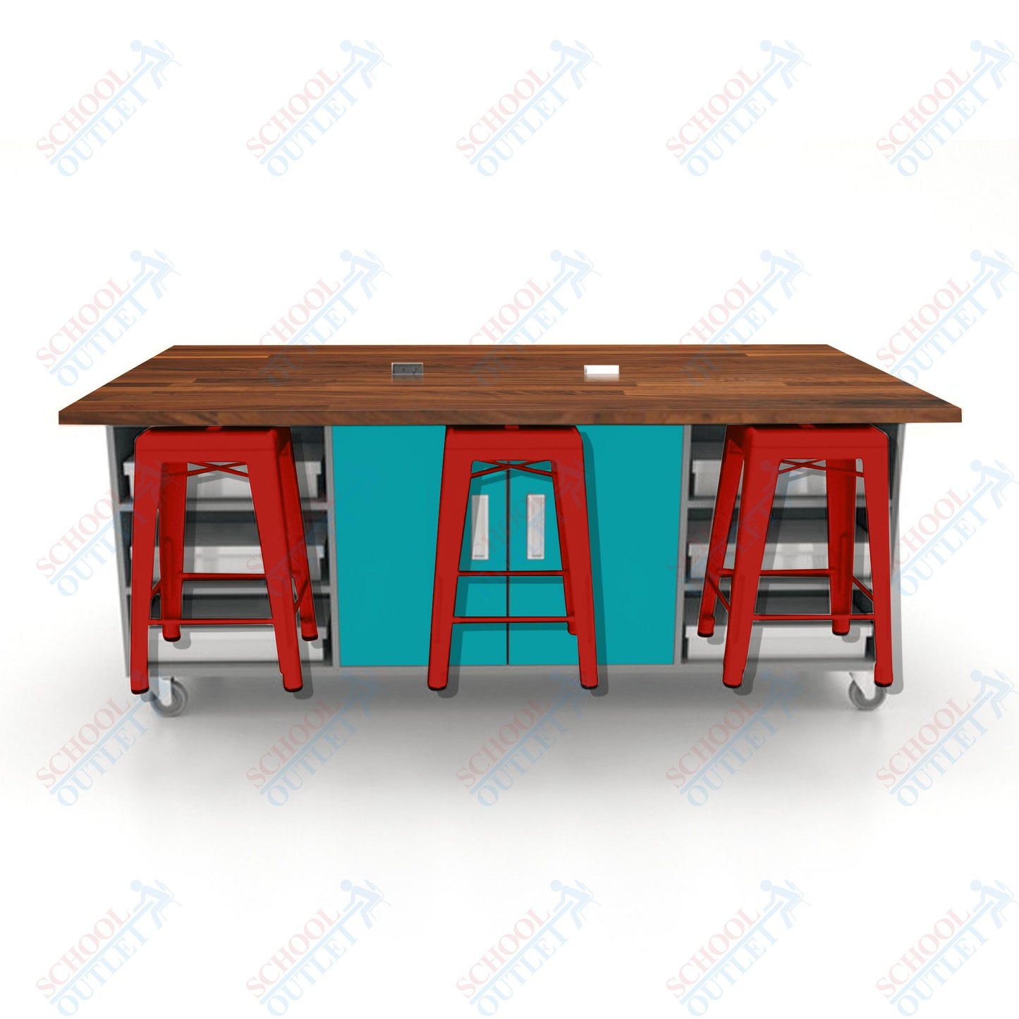 CEF ED Double Table 36"H Butcher Block Top, Laminate Base with  6 Stools, Storage bins, and Electrical Outlets Included.