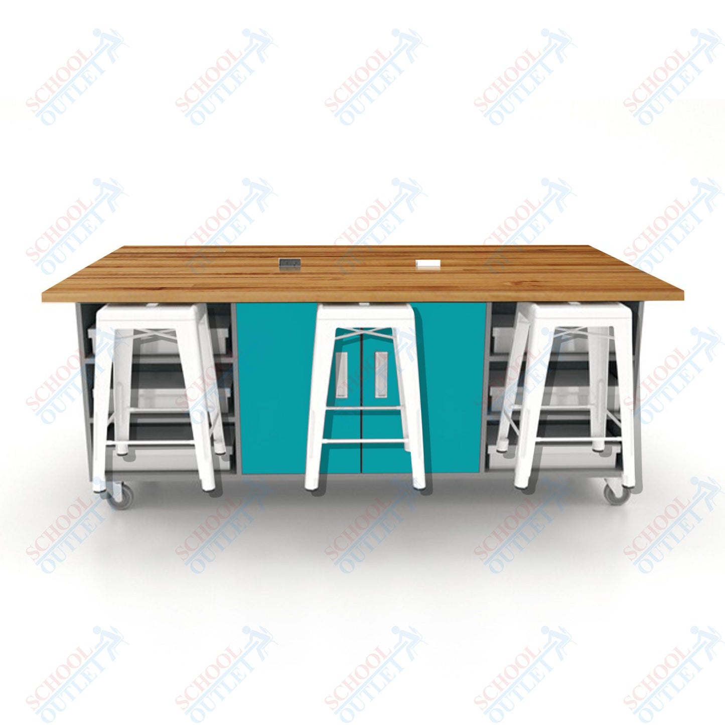 CEF ED Double Table 36"H Butcher Block Top, Laminate Base with  6 Stools, Storage bins, and Electrical Outlets Included.