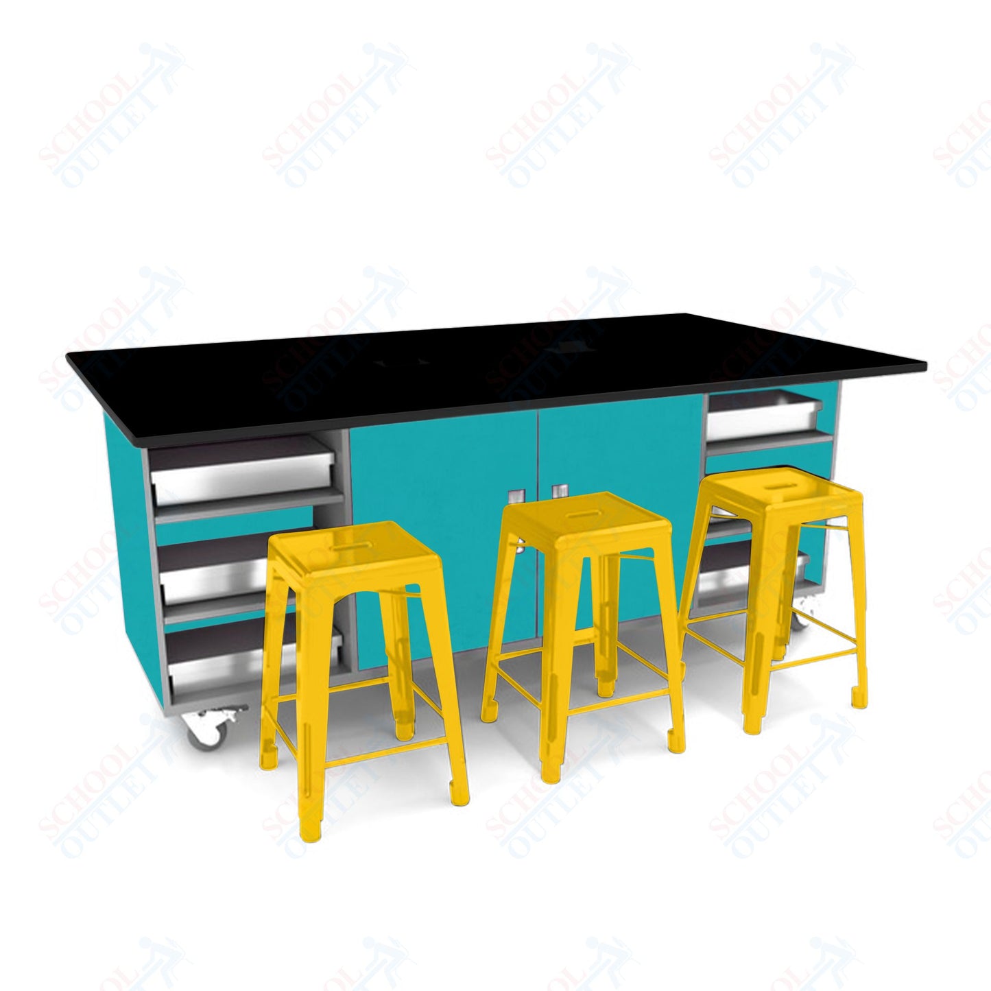 CEF ED Double Table 36"H Tough Top, Laminate Base with 6 Stools, Storage bins, and Electrical Outlets Included.