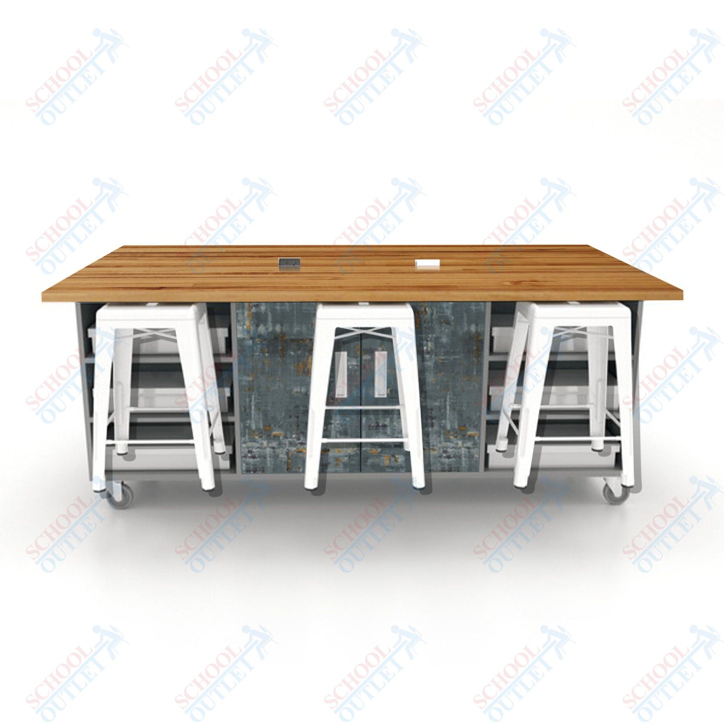 CEF ED Double Table 36"H Butcher Block Top, Laminate Base with  6 Stools, Storage bins, and Electrical Outlets Included.