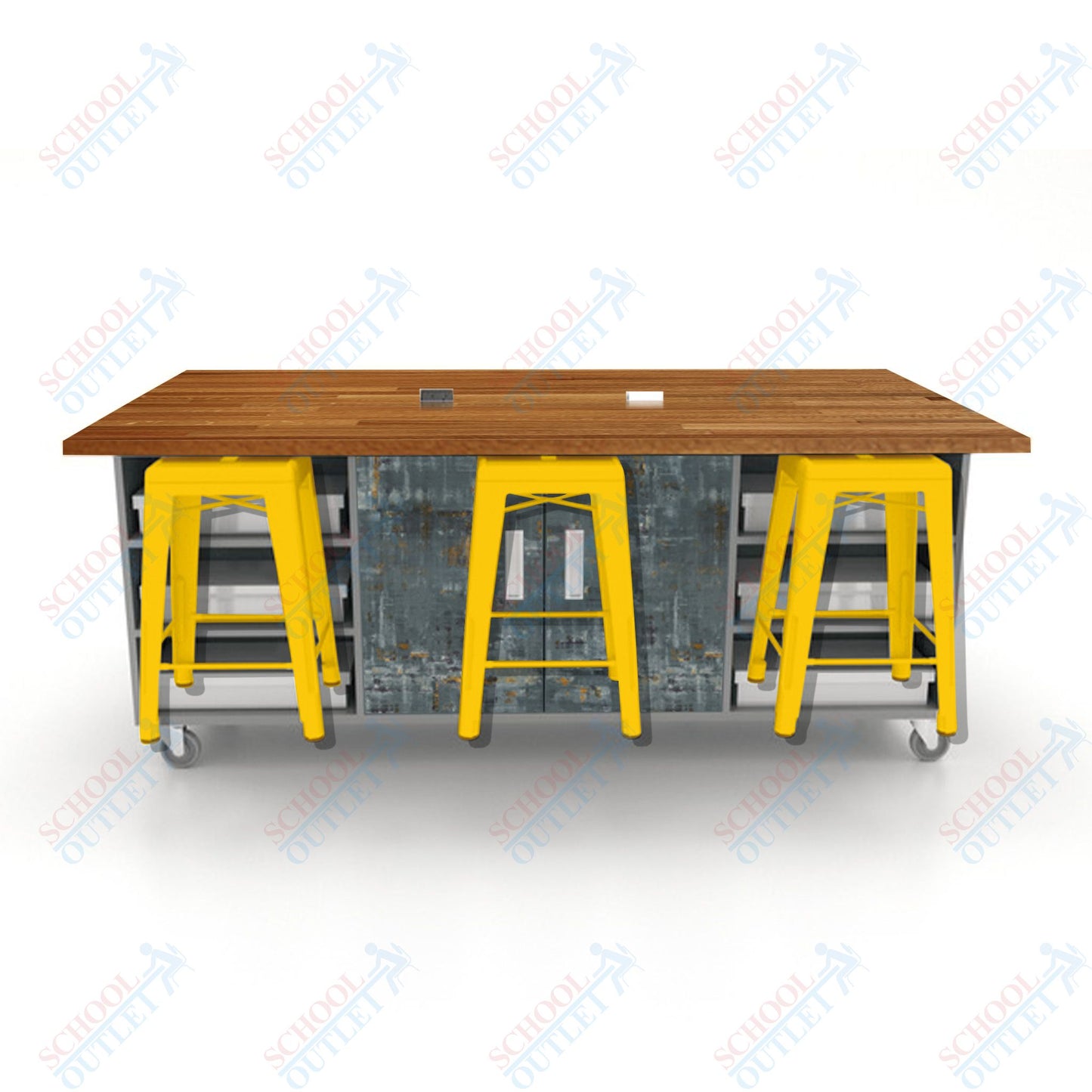 CEF ED Double Table 36"H Butcher Block Top, Laminate Base with  6 Stools, Storage bins, and Electrical Outlets Included.