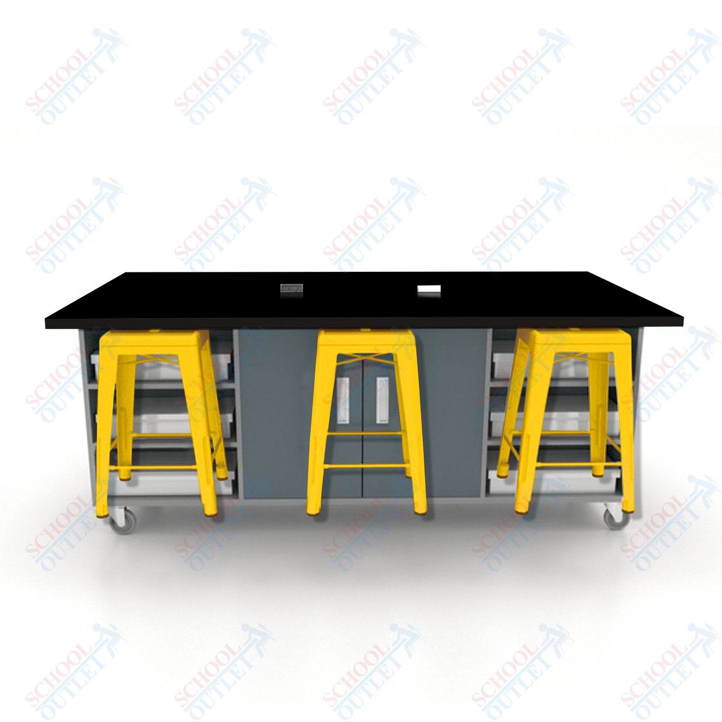 CEF ED Double Table 36"H High Pressure Laminate Top, Laminate Base with 6 Stools, Storage bins, and Electrical Outlets Included.