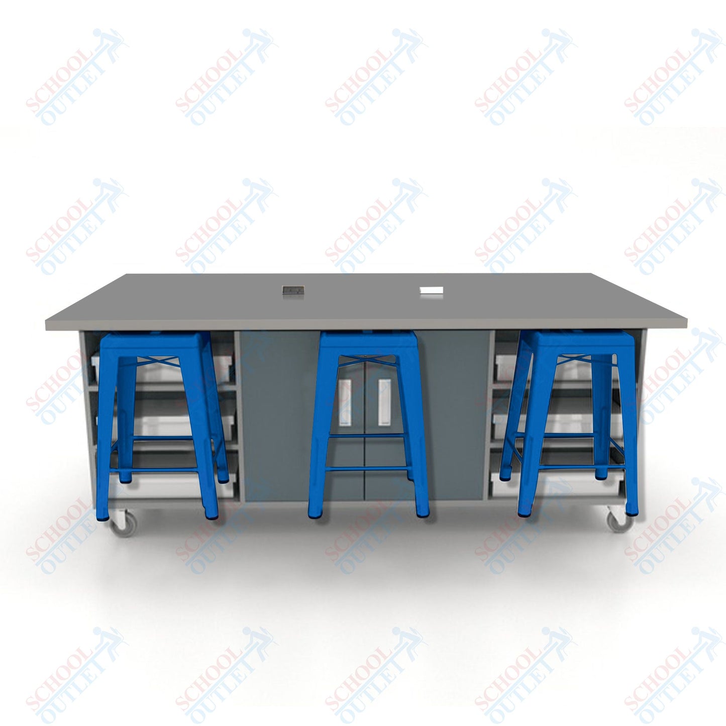 CEF ED Double Table 36"H High Pressure Laminate Top, Laminate Base with 6 Stools, Storage bins, and Electrical Outlets Included.