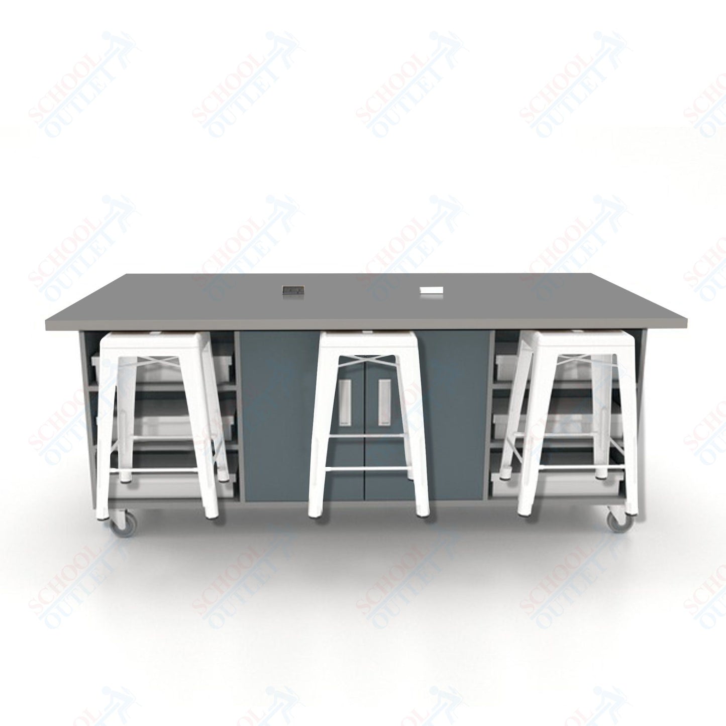 CEF ED Double Table 36"H High Pressure Laminate Top, Laminate Base with 6 Stools, Storage bins, and Electrical Outlets Included.