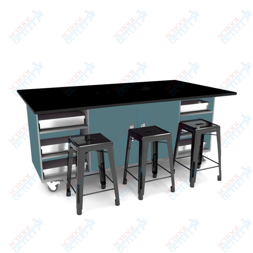 CEF ED Double Table 36"H Tough Top, Laminate Base with 6 Stools, Storage bins, and Electrical Outlets Included. - SchoolOutlet
