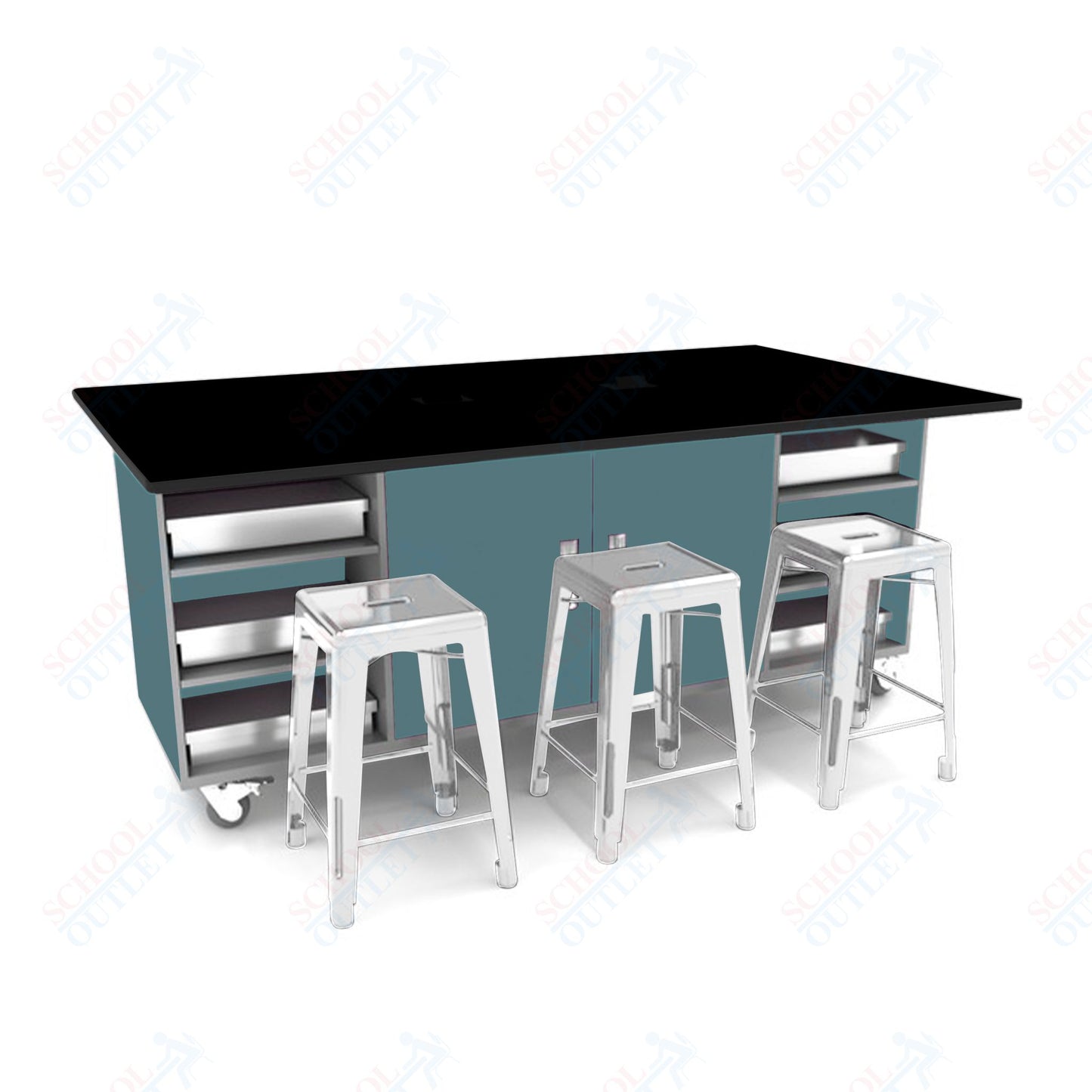 CEF ED Double Table 36"H Tough Top, Laminate Base with 6 Stools, Storage bins, and Electrical Outlets Included.
