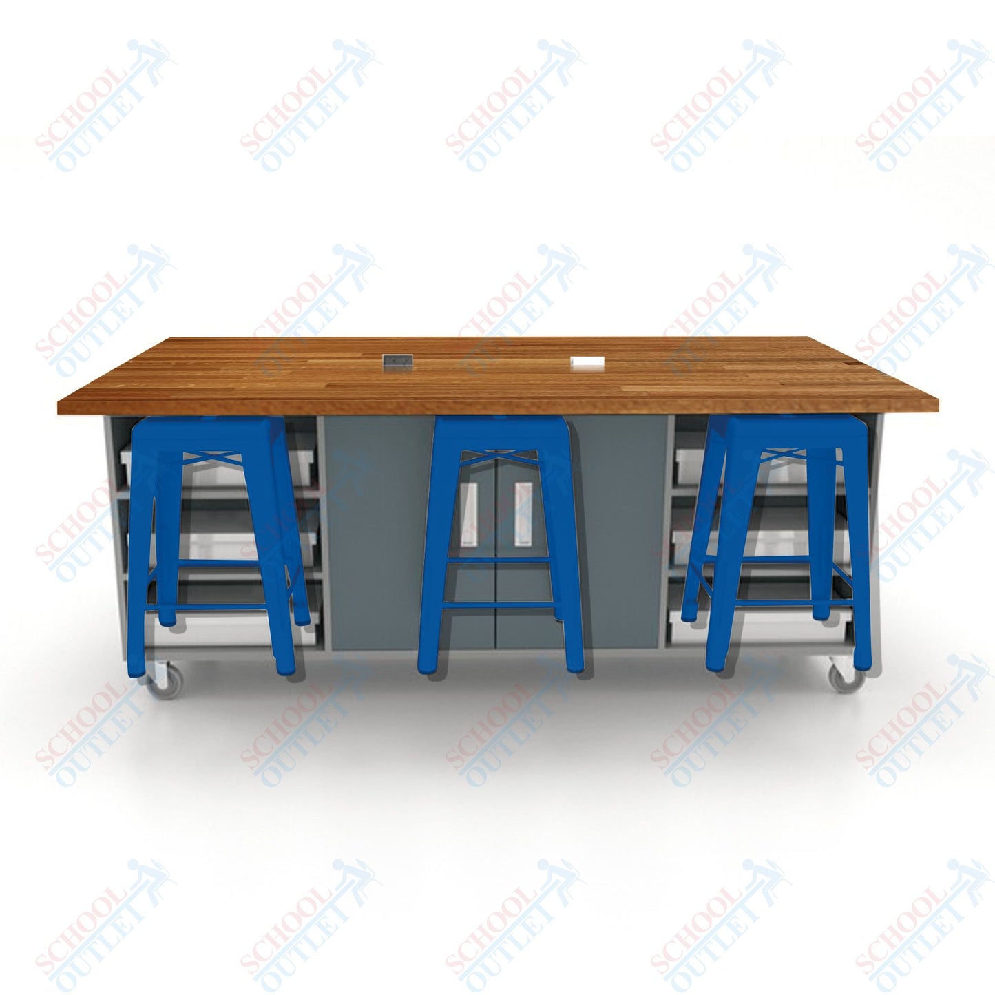 CEF ED Double Table 36"H Butcher Block Top, Laminate Base with  6 Stools, Storage bins, and Electrical Outlets Included.