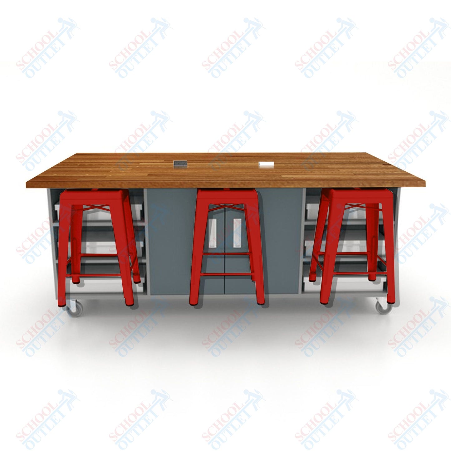 CEF ED Double Table 36"H Butcher Block Top, Laminate Base with  6 Stools, Storage bins, and Electrical Outlets Included.