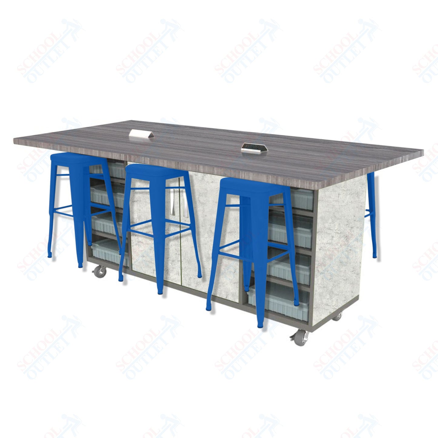 CEF ED Double Table 42"H High Pressure Laminate Top, Laminate Base with 6 Stools, Storage bins, and Electrical Outlets Included.