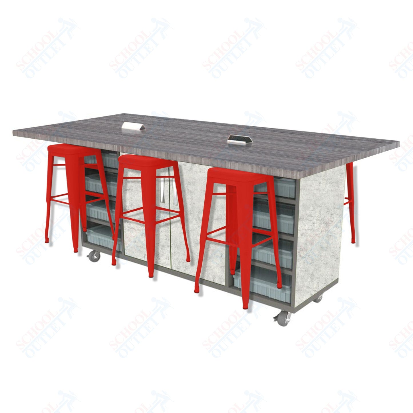 CEF ED Double Table 42"H High Pressure Laminate Top, Laminate Base with 6 Stools, Storage bins, and Electrical Outlets Included.