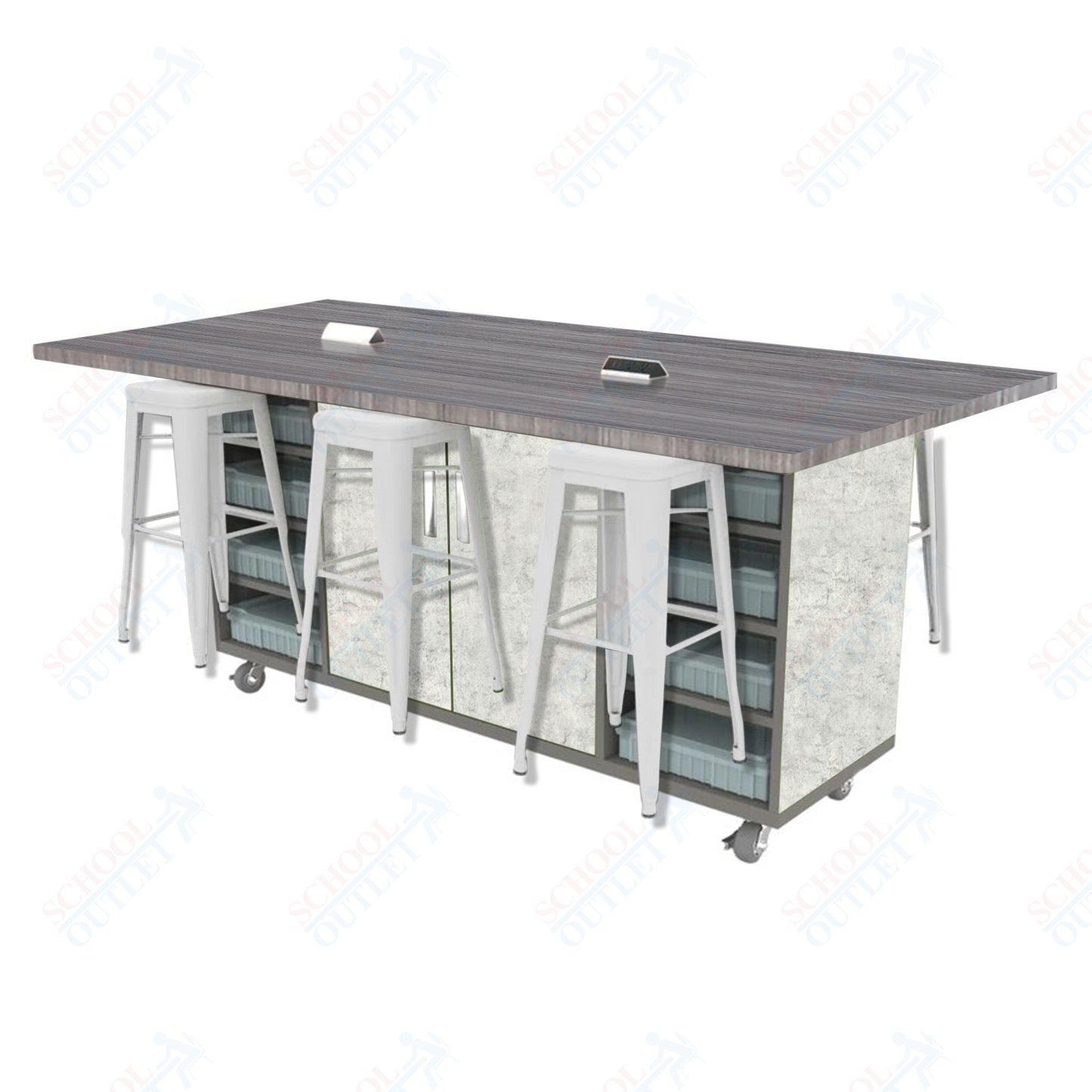 CEF ED Double Table 42"H High Pressure Laminate Top, Laminate Base with 6 Stools, Storage bins, and Electrical Outlets Included.