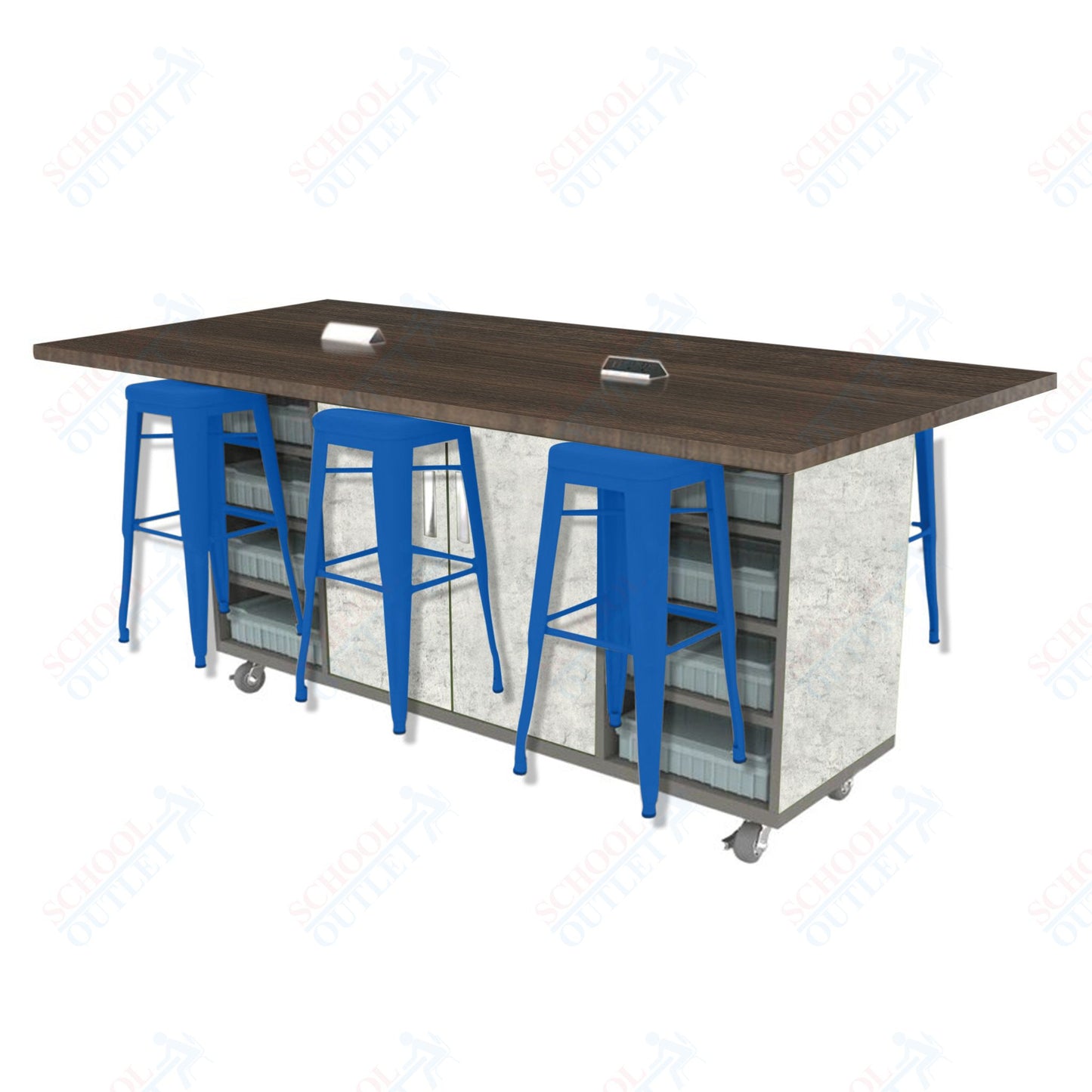 CEF ED Double Table 42"H High Pressure Laminate Top, Laminate Base with 6 Stools, Storage bins, and Electrical Outlets Included.