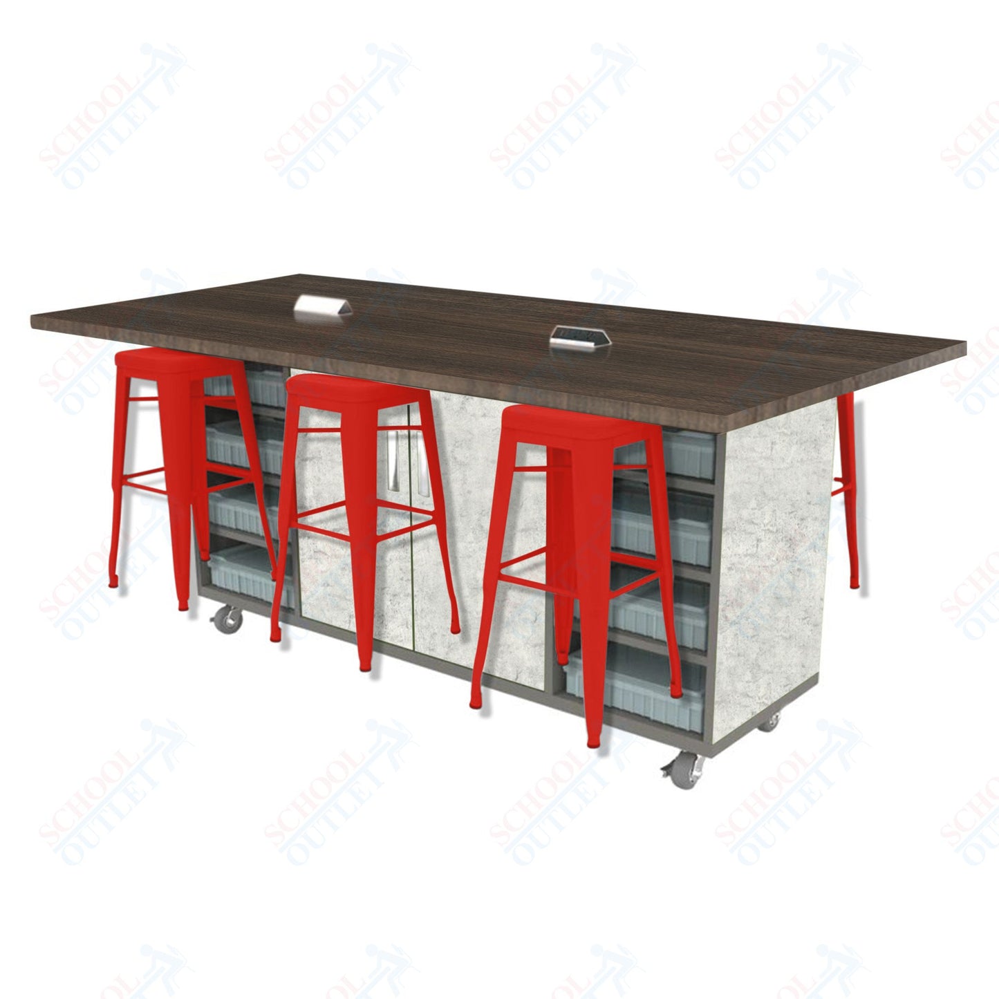 CEF ED Double Table 42"H High Pressure Laminate Top, Laminate Base with 6 Stools, Storage bins, and Electrical Outlets Included.