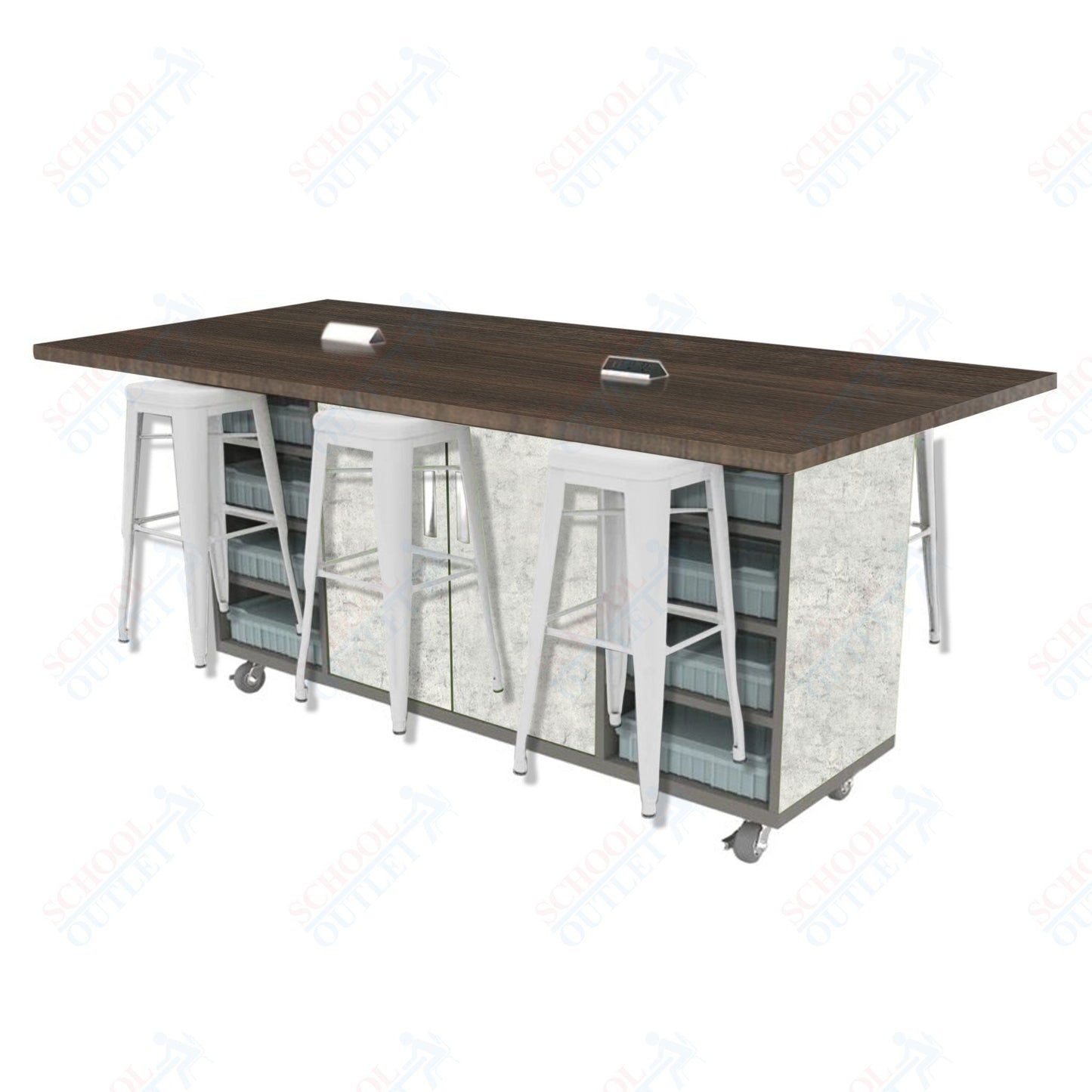 CEF ED Double Table 42"H High Pressure Laminate Top, Laminate Base with 6 Stools, Storage bins, and Electrical Outlets Included.