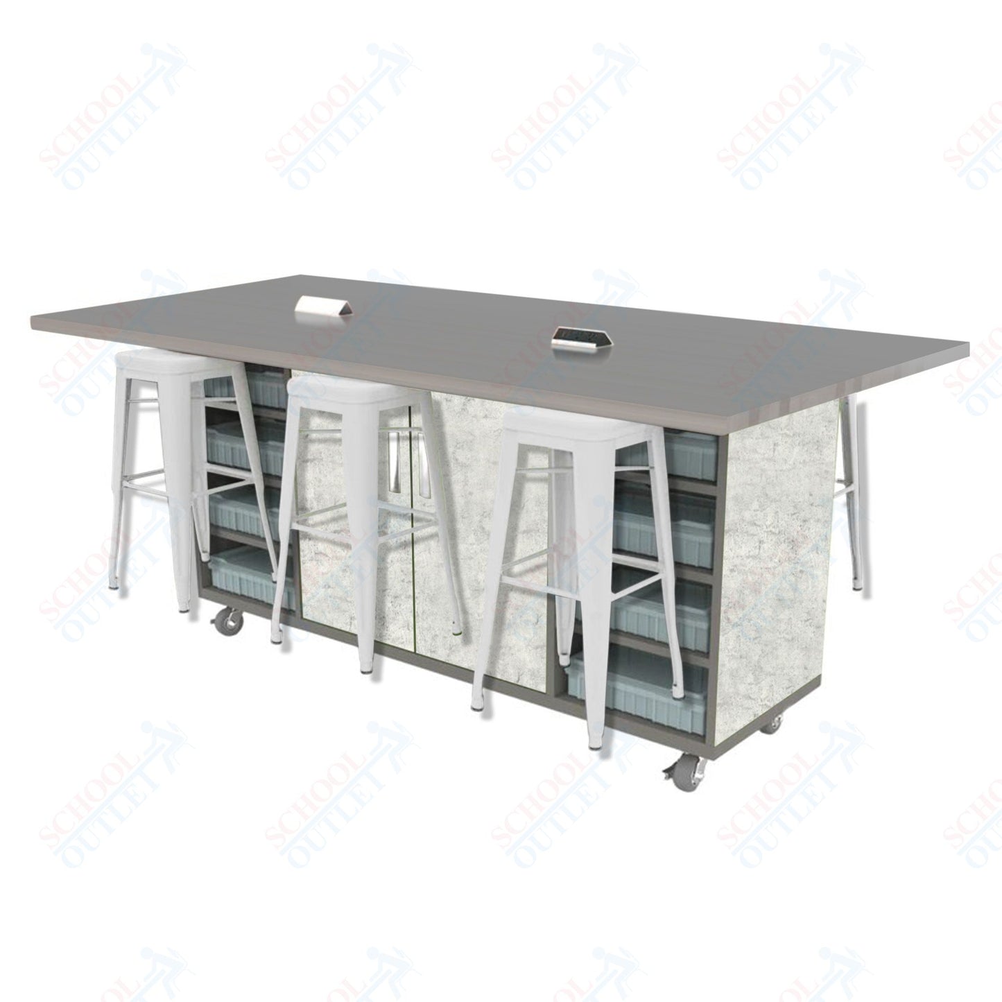 CEF ED Double Table 42"H High Pressure Laminate Top, Laminate Base with 6 Stools, Storage bins, and Electrical Outlets Included.