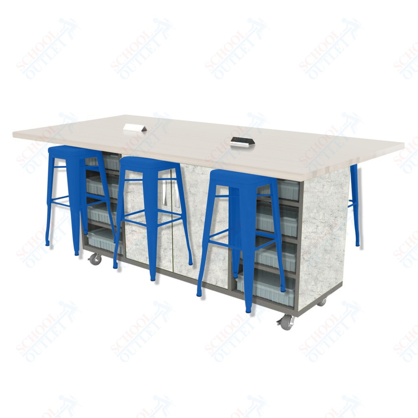 CEF ED Double Table 42"H High Pressure Laminate Top, Laminate Base with 6 Stools, Storage bins, and Electrical Outlets Included.