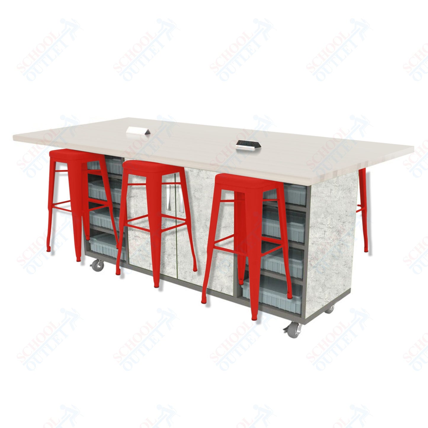 CEF ED Double Table 42"H High Pressure Laminate Top, Laminate Base with 6 Stools, Storage bins, and Electrical Outlets Included.
