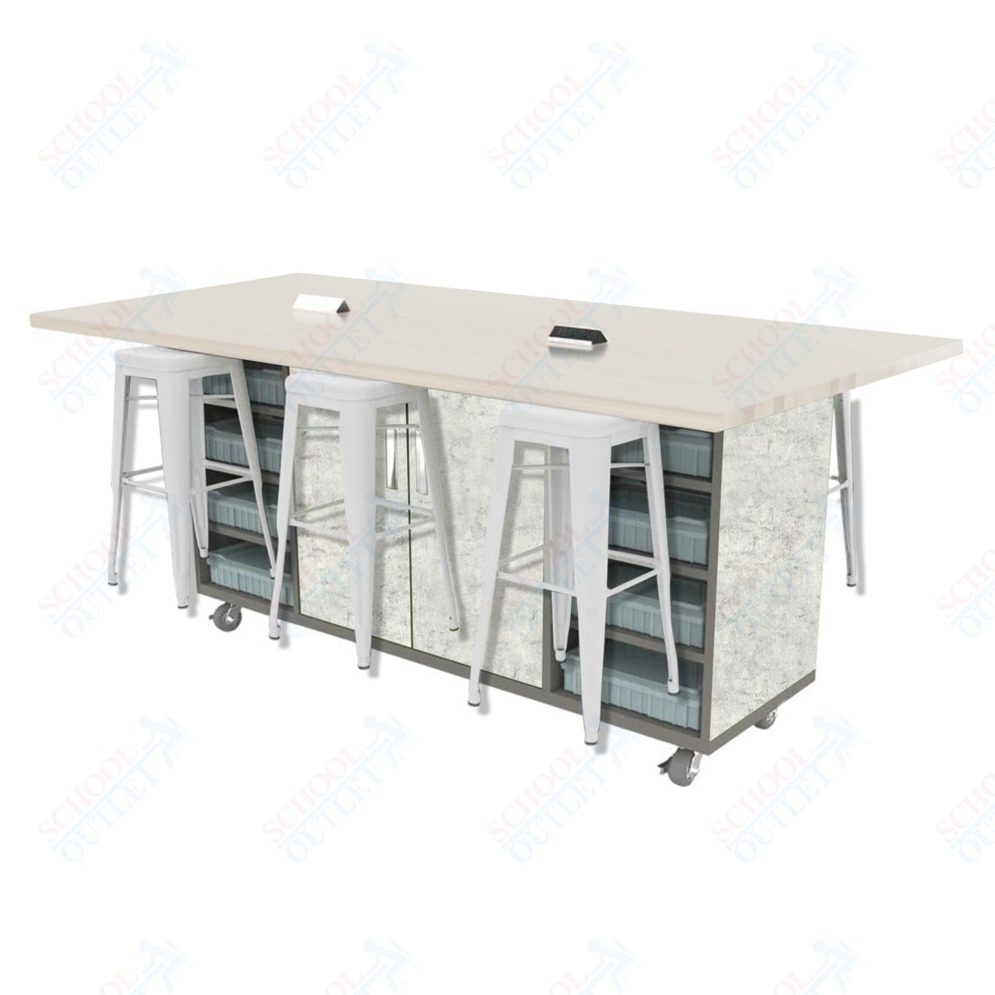 CEF ED Double Table 42"H High Pressure Laminate Top, Laminate Base with 6 Stools, Storage bins, and Electrical Outlets Included.