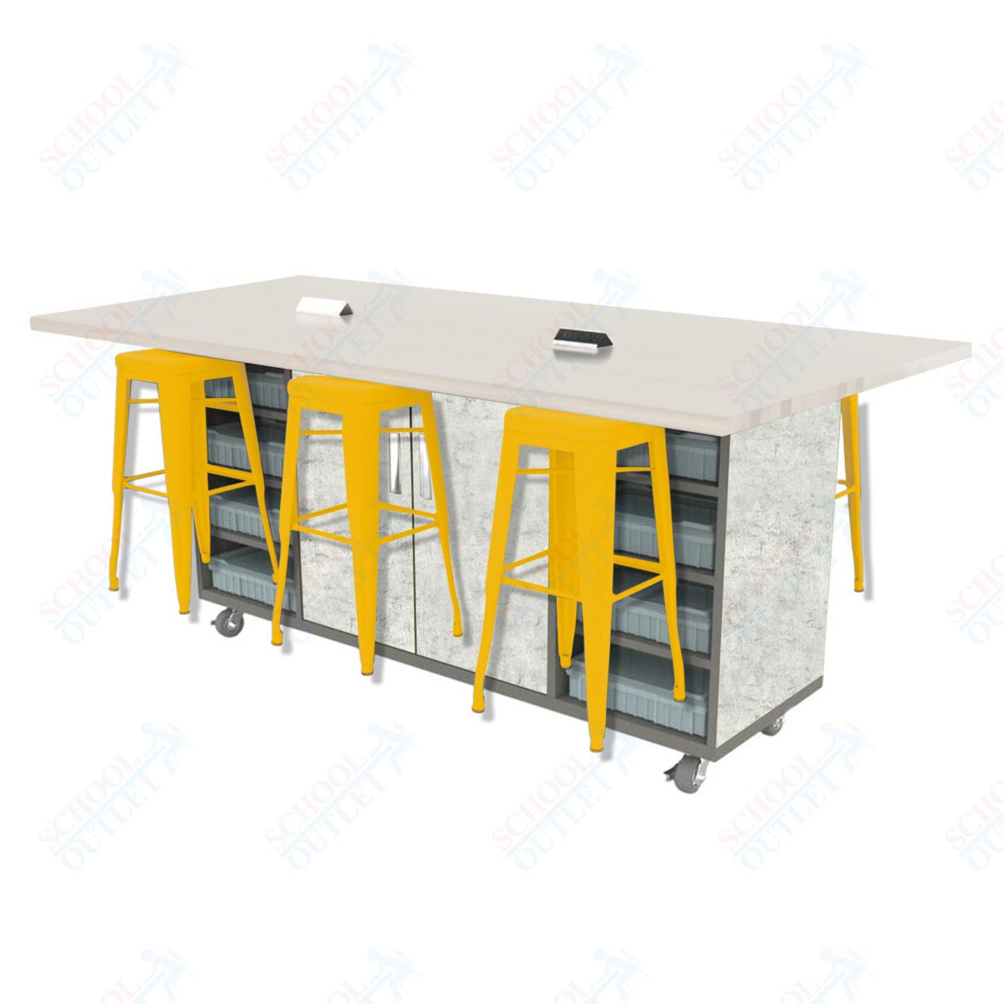 CEF ED Double Table 42"H High Pressure Laminate Top, Laminate Base with 6 Stools, Storage bins, and Electrical Outlets Included.