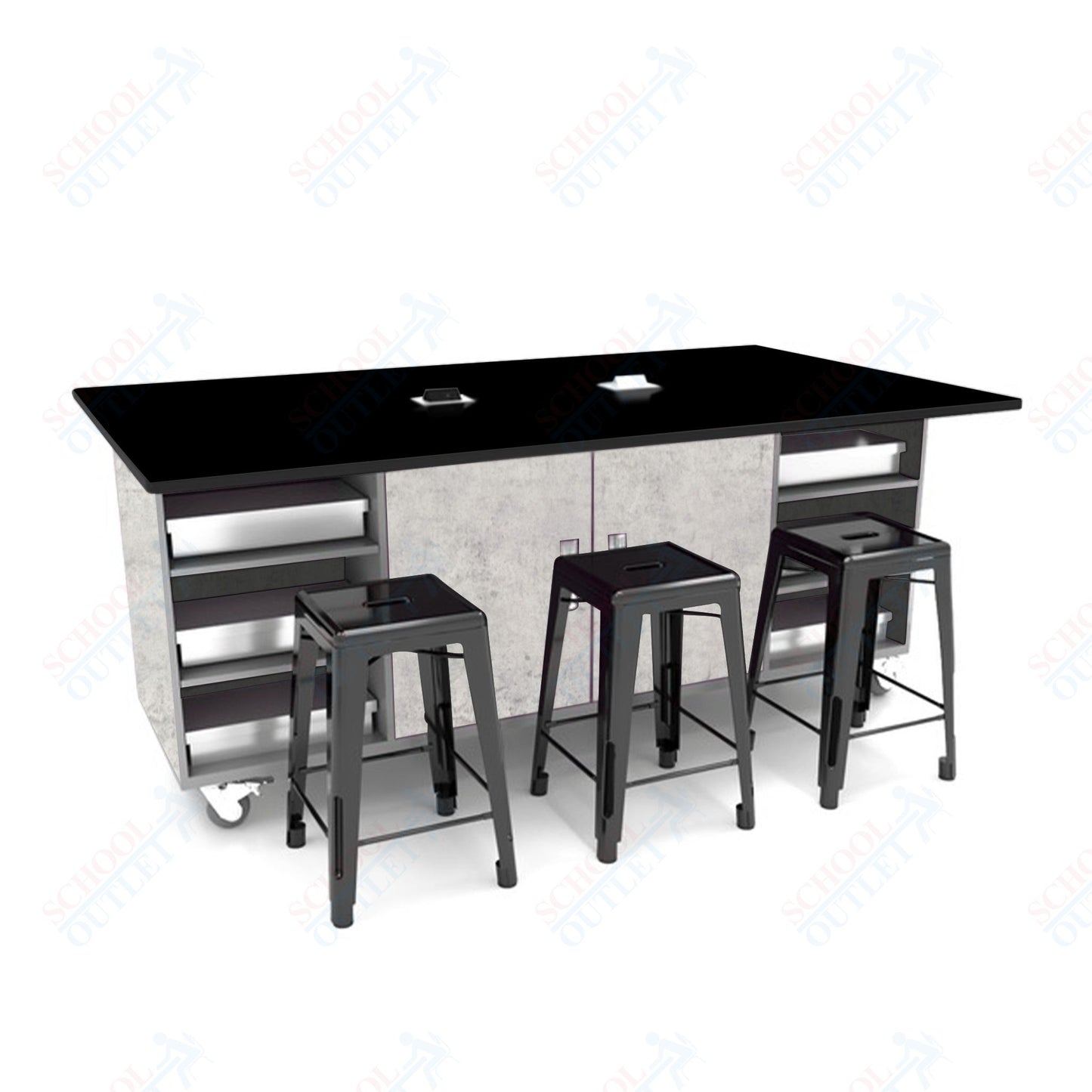 CEF ED Double Table 42"H Tough Top, Laminate Base with  6 Stools, Storage bins, and Electrical Outlets Included.