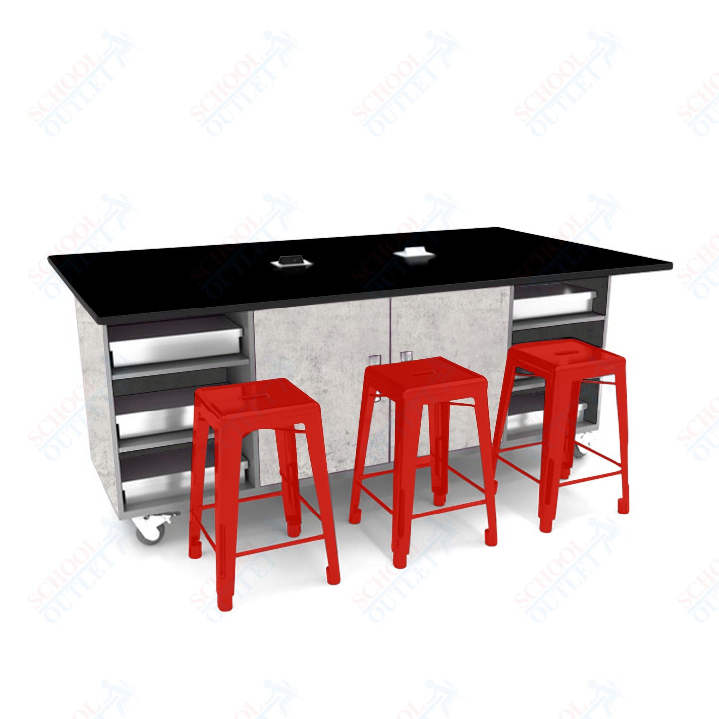 CEF ED Double Table 42"H Tough Top, Laminate Base with  6 Stools, Storage bins, and Electrical Outlets Included.