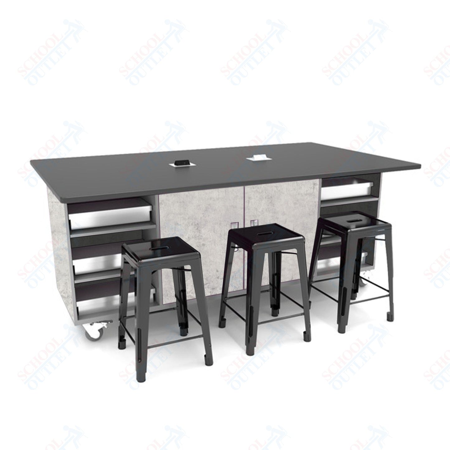 CEF ED Double Table 42"H Tough Top, Laminate Base with  6 Stools, Storage bins, and Electrical Outlets Included.