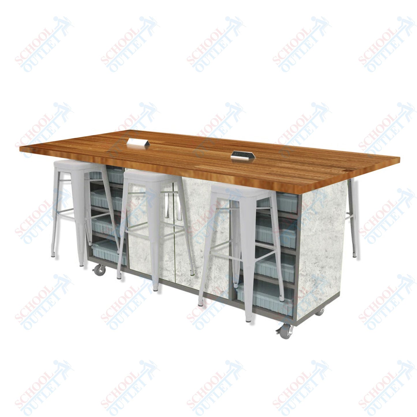 CEF ED Double Table 42"H Butcher Block Top, Laminate Base with 6 Stools, Storage bins, and Electrical Outlets Included.