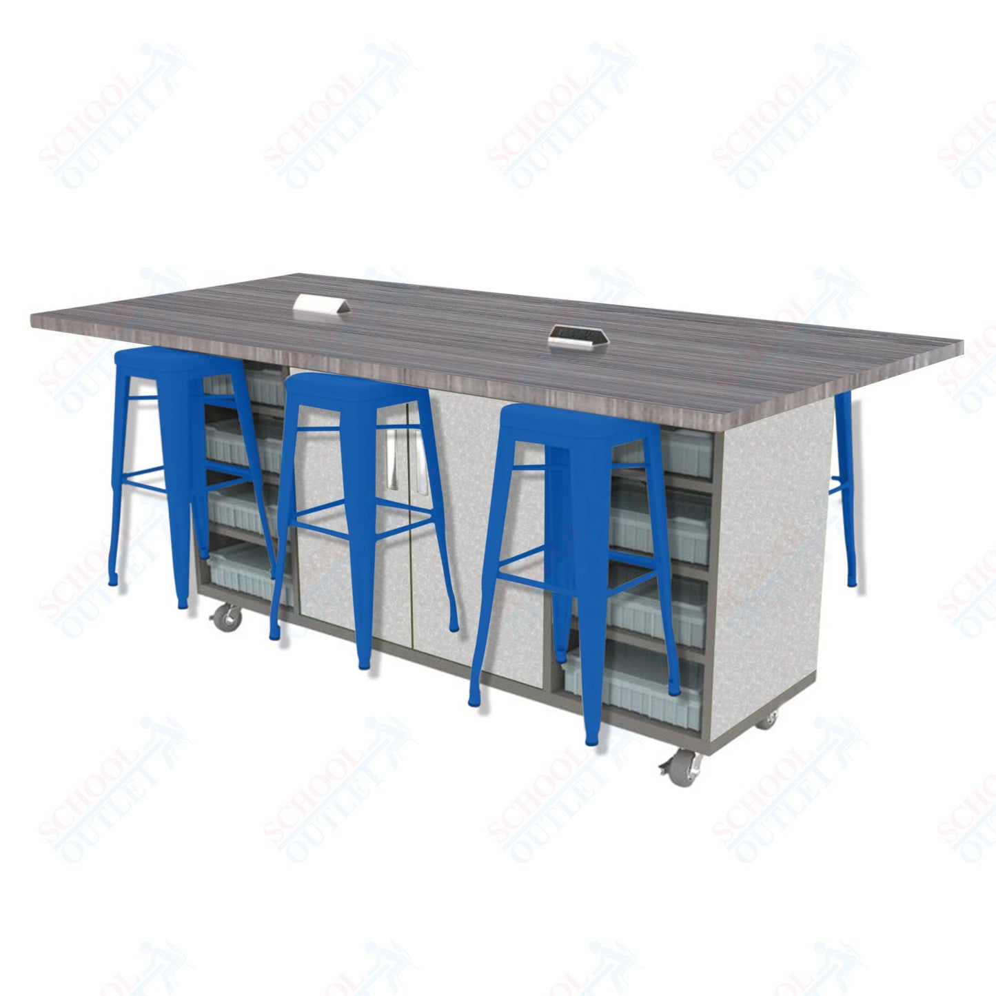 CEF ED Double Table 42"H High Pressure Laminate Top, Laminate Base with 6 Stools, Storage bins, and Electrical Outlets Included.