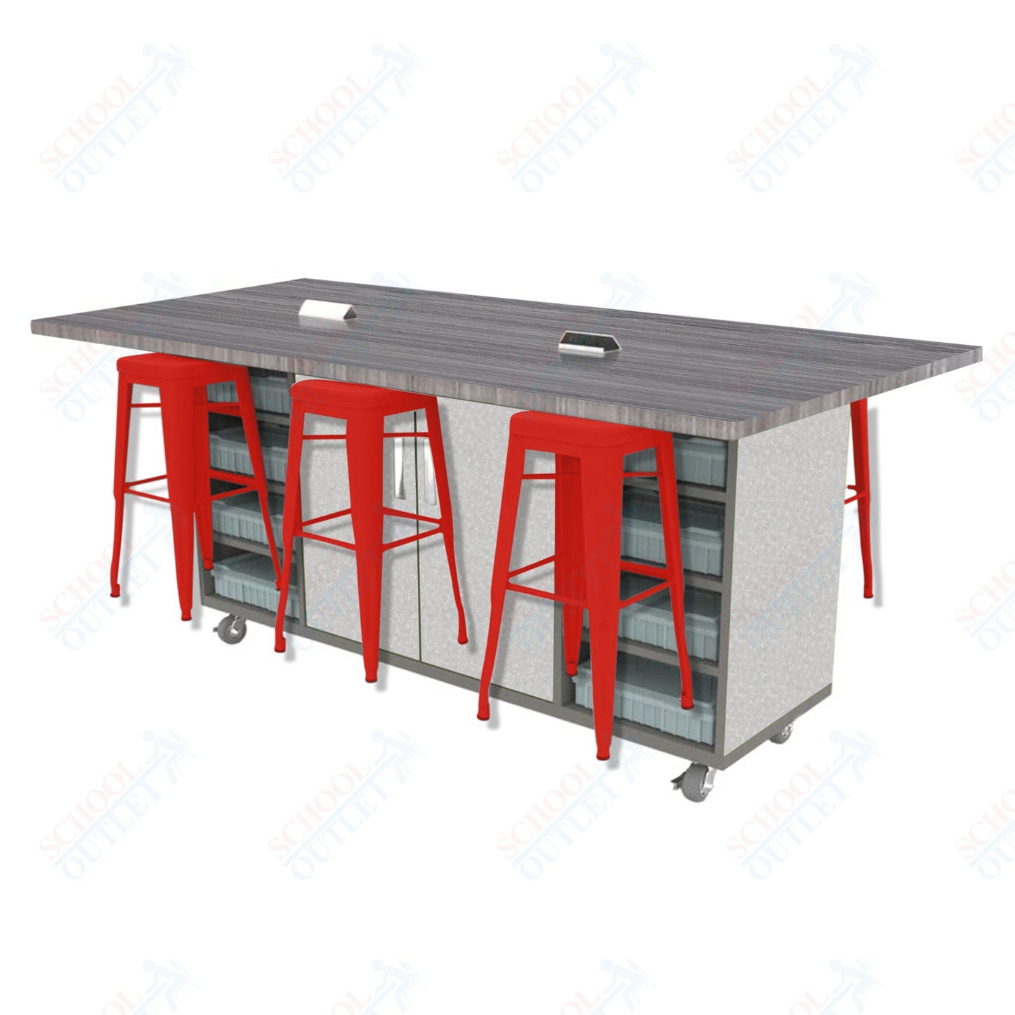 CEF ED Double Table 42"H High Pressure Laminate Top, Laminate Base with 6 Stools, Storage bins, and Electrical Outlets Included.