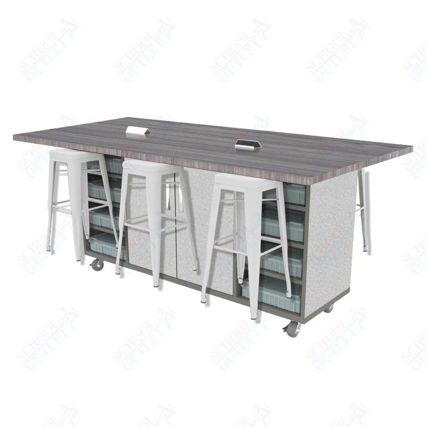 CEF ED Double Table 42"H High Pressure Laminate Top, Laminate Base with 6 Stools, Storage bins, and Electrical Outlets Included.