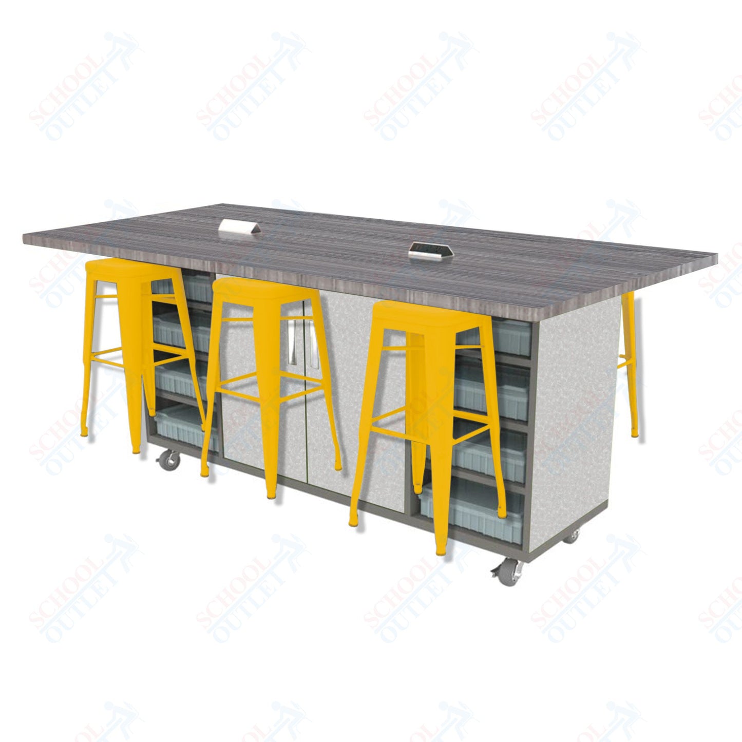 CEF ED Double Table 42"H High Pressure Laminate Top, Laminate Base with 6 Stools, Storage bins, and Electrical Outlets Included.