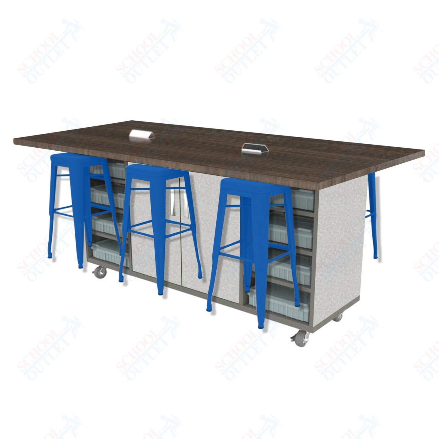 CEF ED Double Table 42"H High Pressure Laminate Top, Laminate Base with 6 Stools, Storage bins, and Electrical Outlets Included.